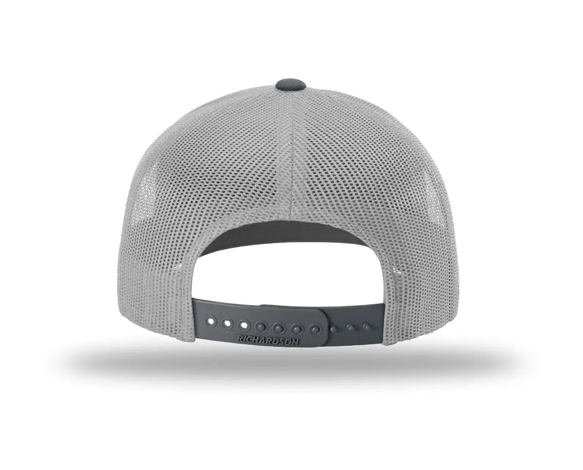 Gray cap with a black brim on a white background