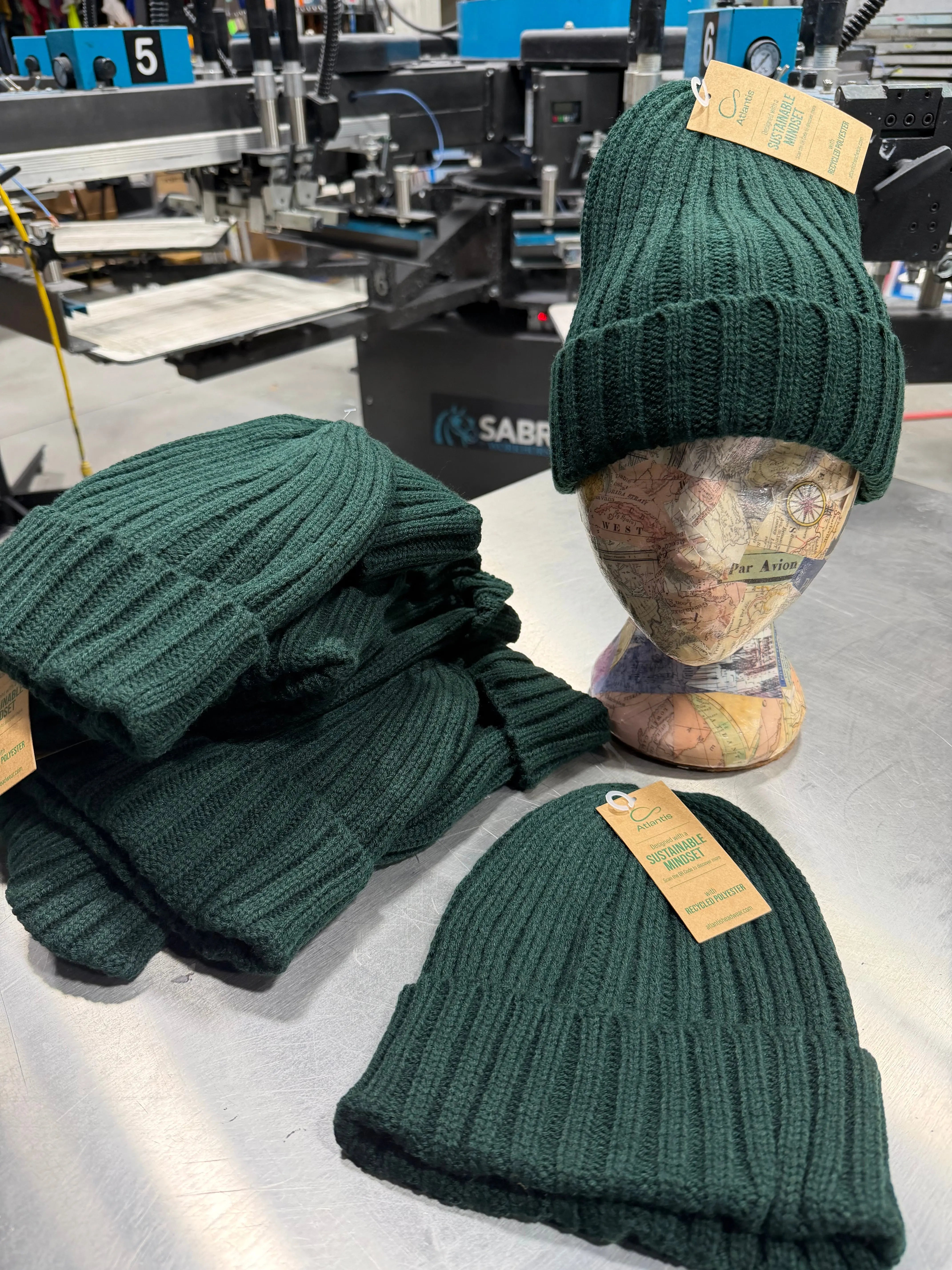 12 Atlantis Sustainable Cable Knit Cuffed Beanies - Bottle Green