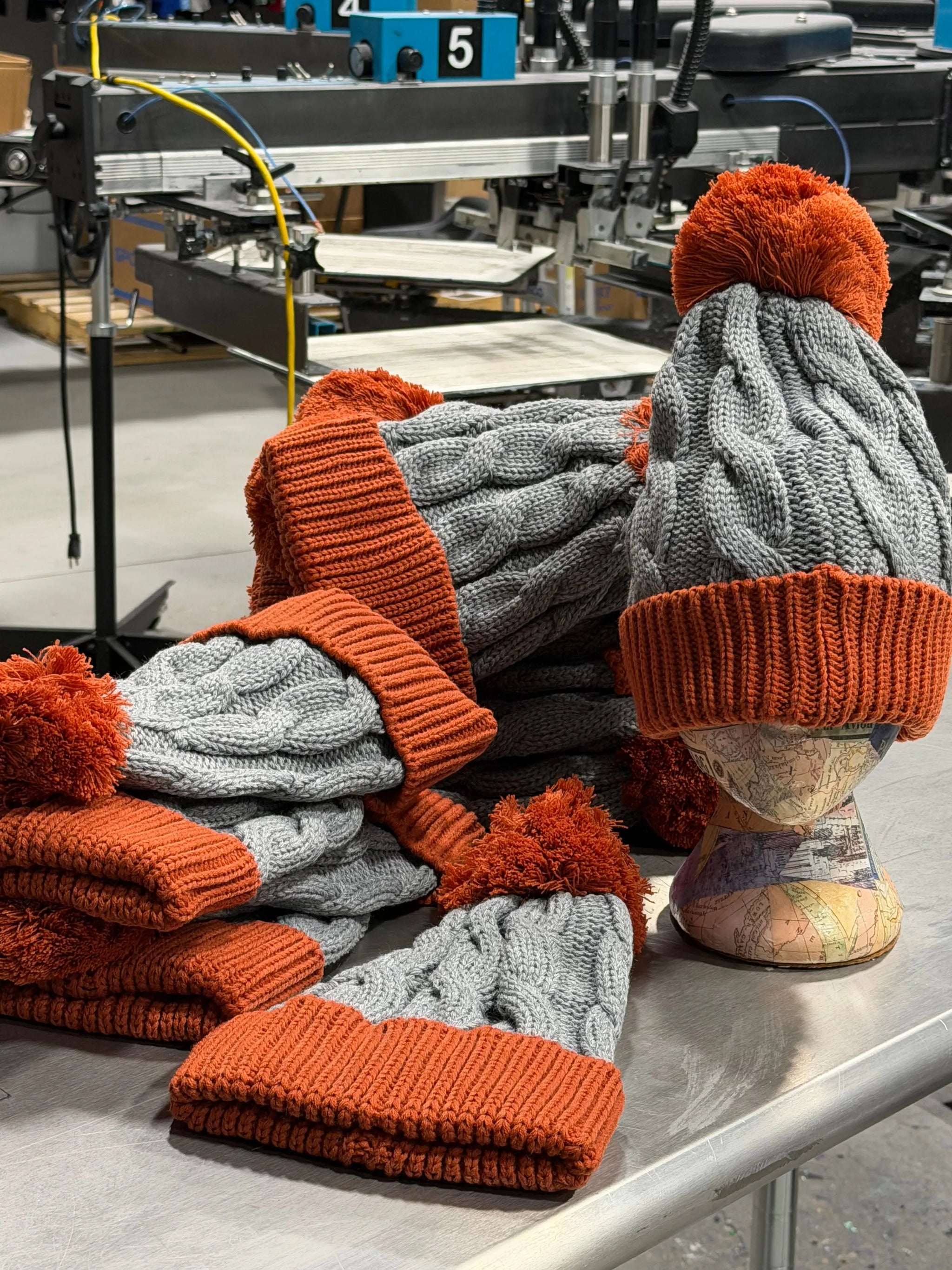 12 Richardson Chunk Twist Knit Beanies with Cuff and Pom - Heather Grey/Rust