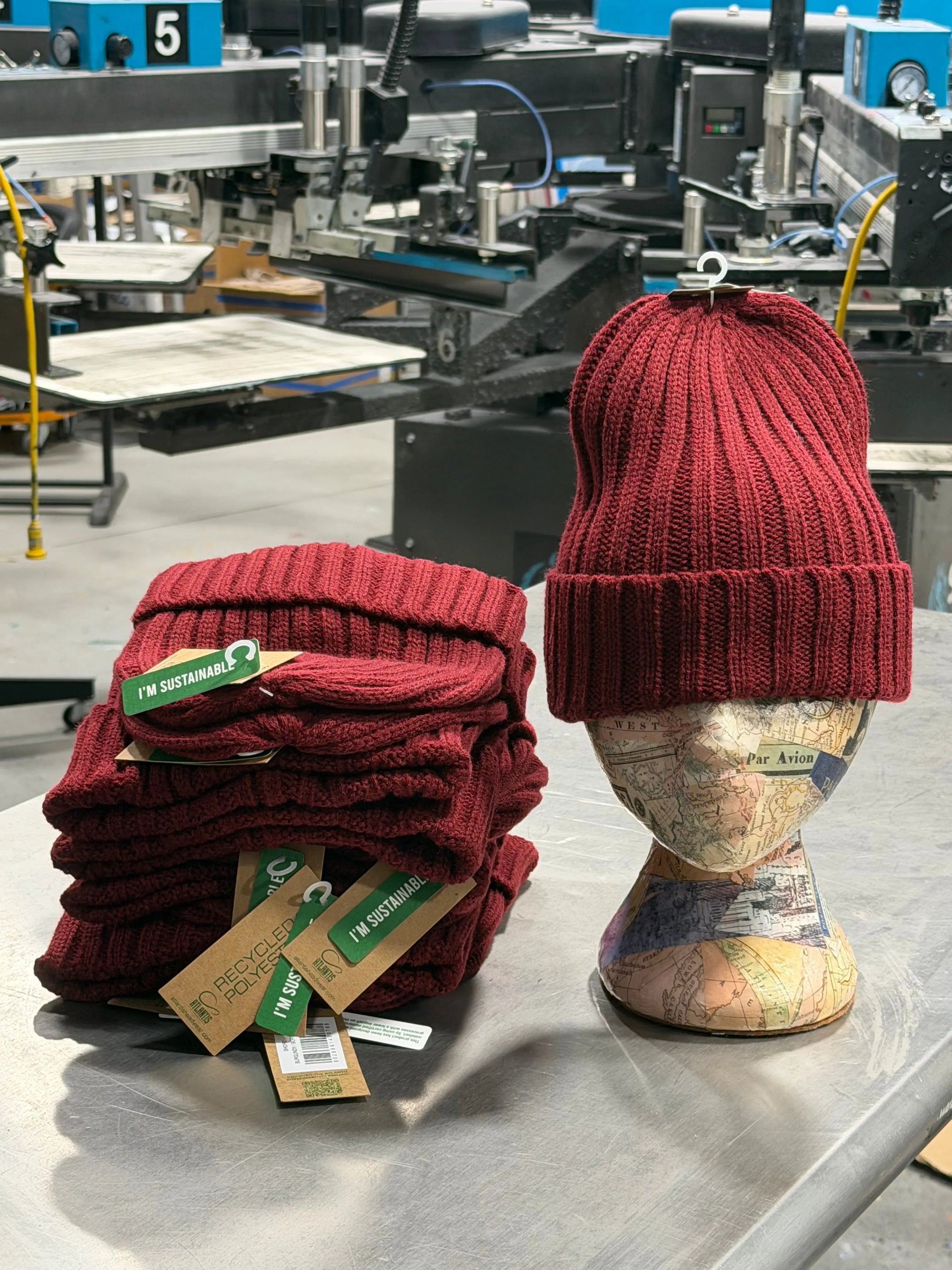 12 Atlantis Sustainable Cable Knit Cuffed Beanies - Burgundy