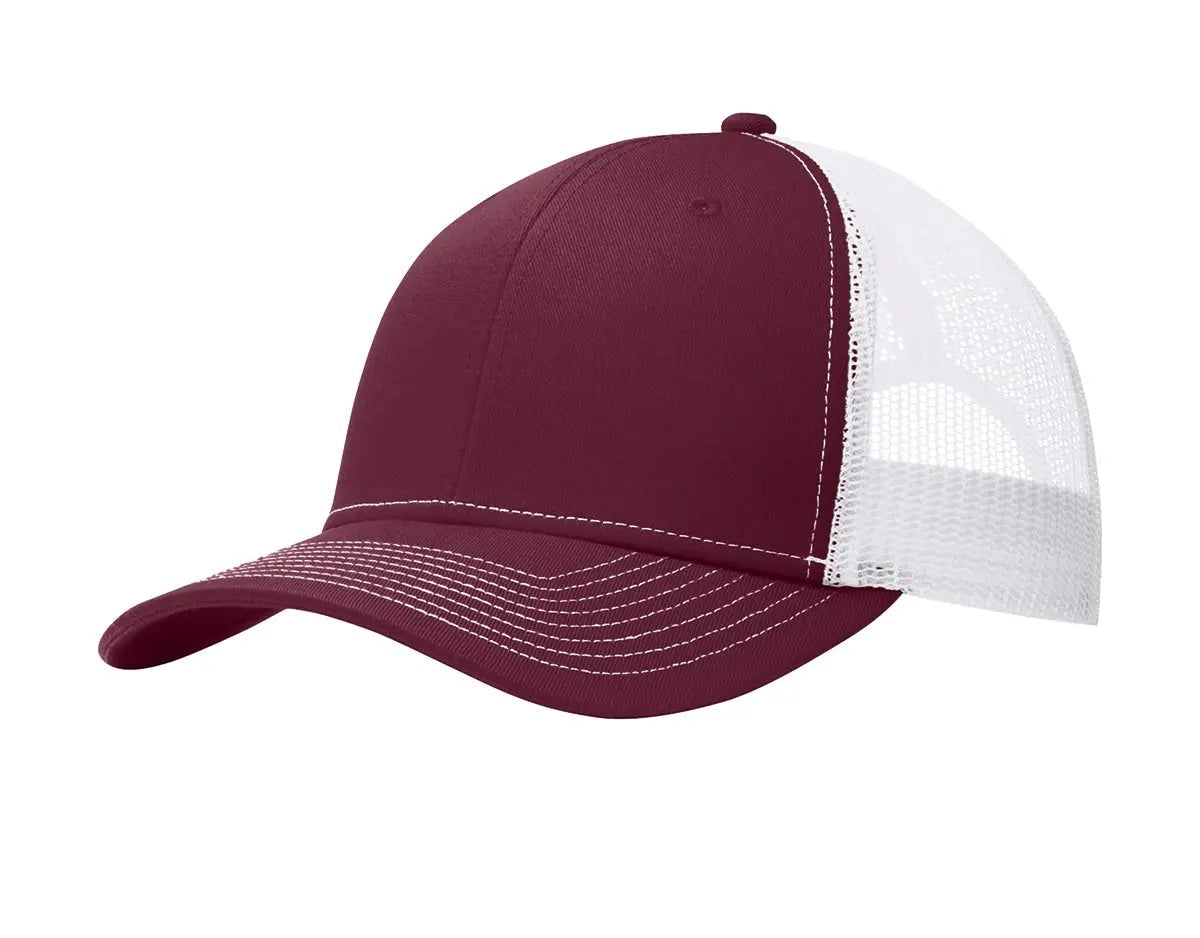 Maroon and white cap on a white background
