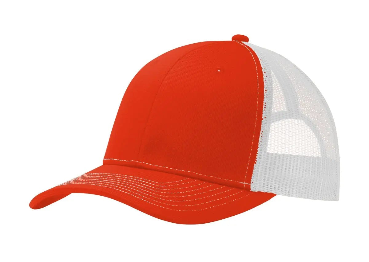 Red and white cap with mesh back on a white background