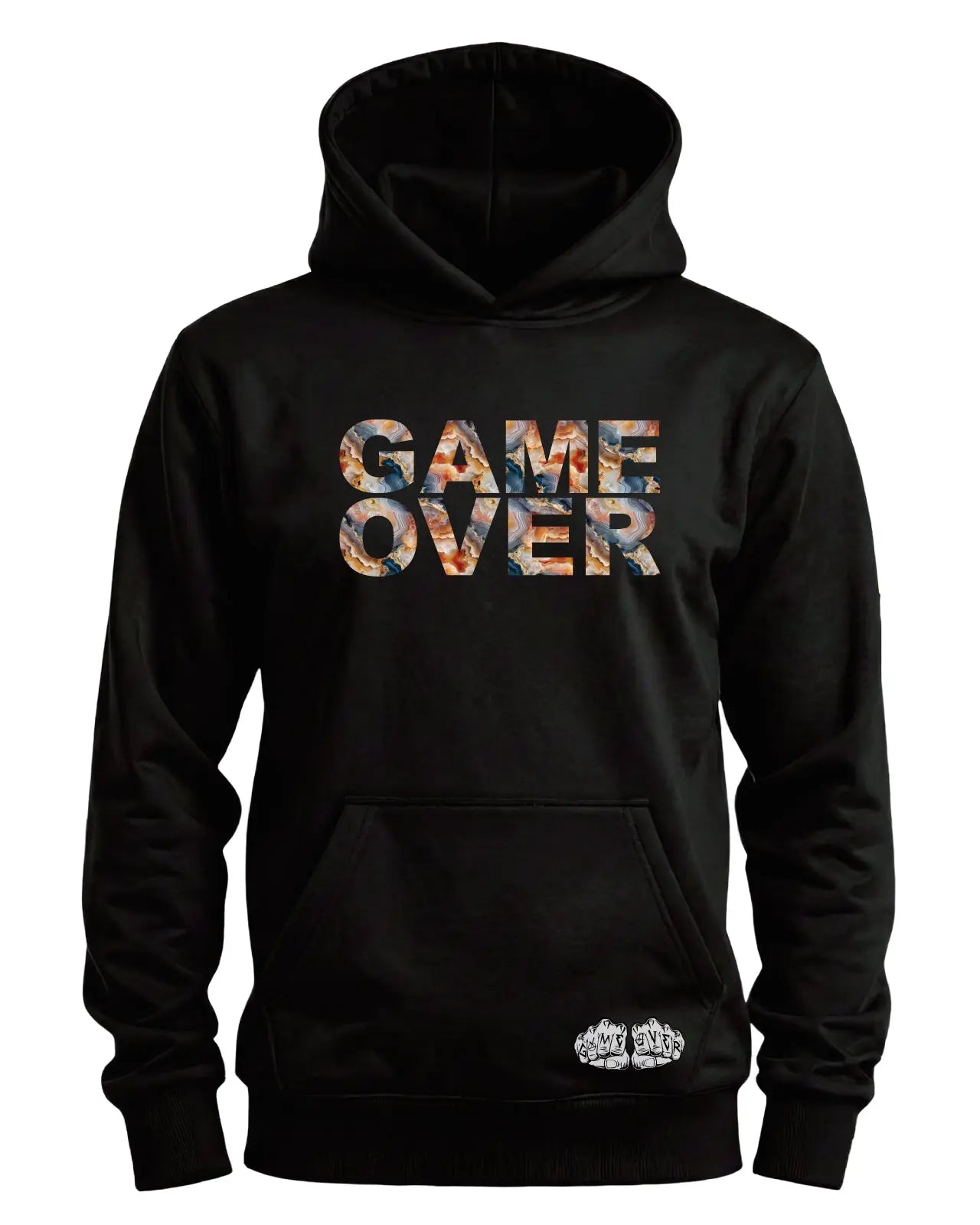 Black hoodie featuring bold Game Over text filled with an agate geode pattern showcasing layered stone textures in natural earth tones printed on the front