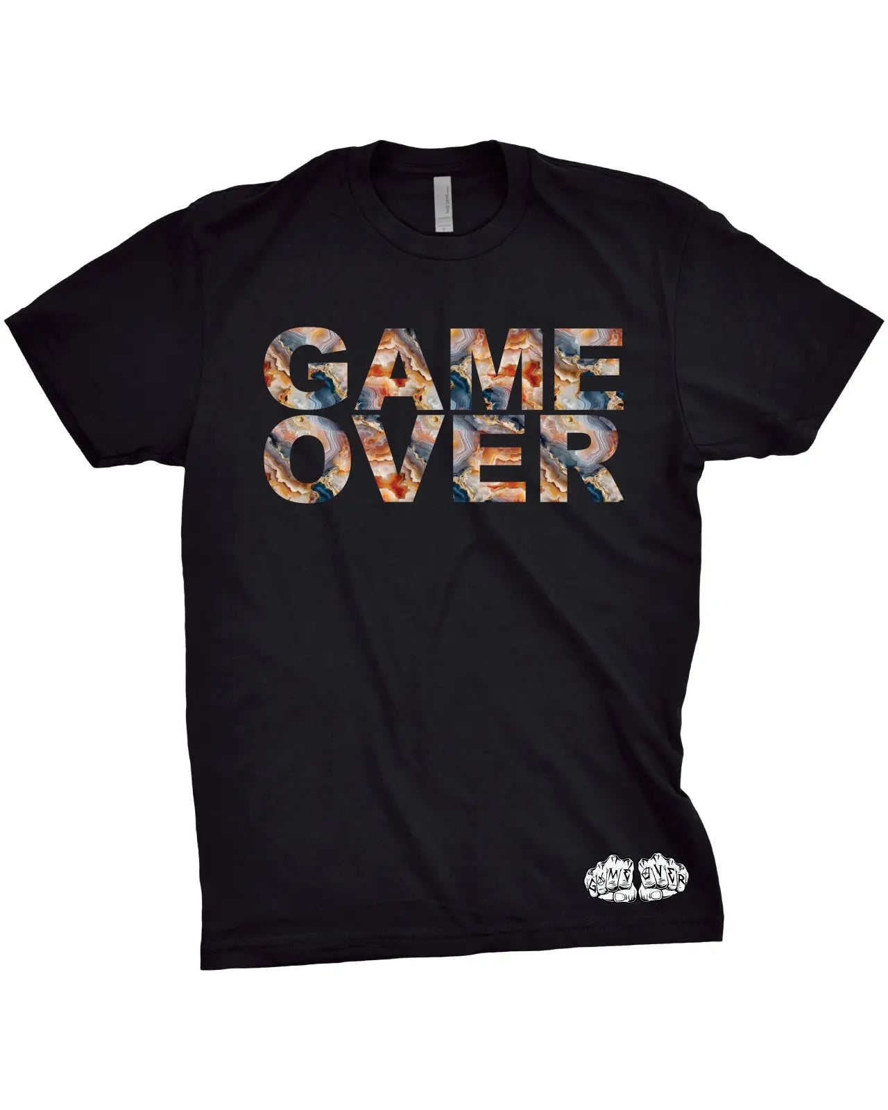 Black t-shirt featuring bold Game Over text filled with an agate geode pattern showcasing layered stone textures in natural earth tones printed on the front