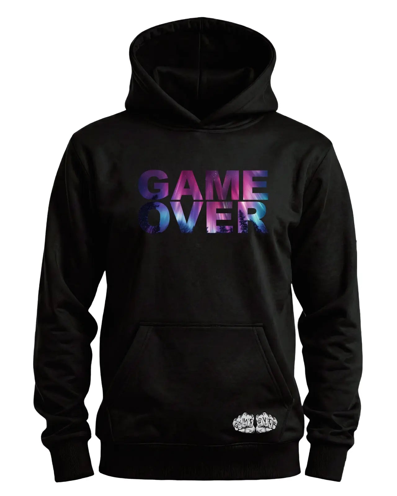 Black hoodie featuring bold Game Over text filled with an aurora borealis inspired design showcasing vibrant northern lights colors printed on the front