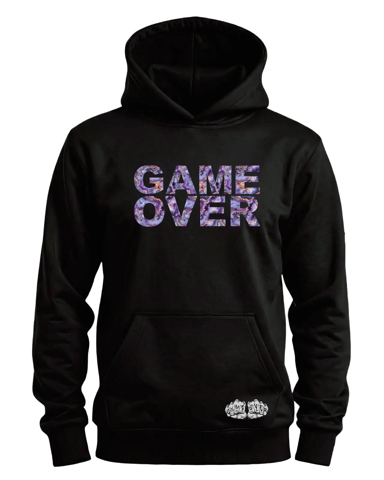 Black hoodie featuring bold Game Over text filled with a crystal geode pattern showcasing layered mineral textures and rich purple tones printed on the front