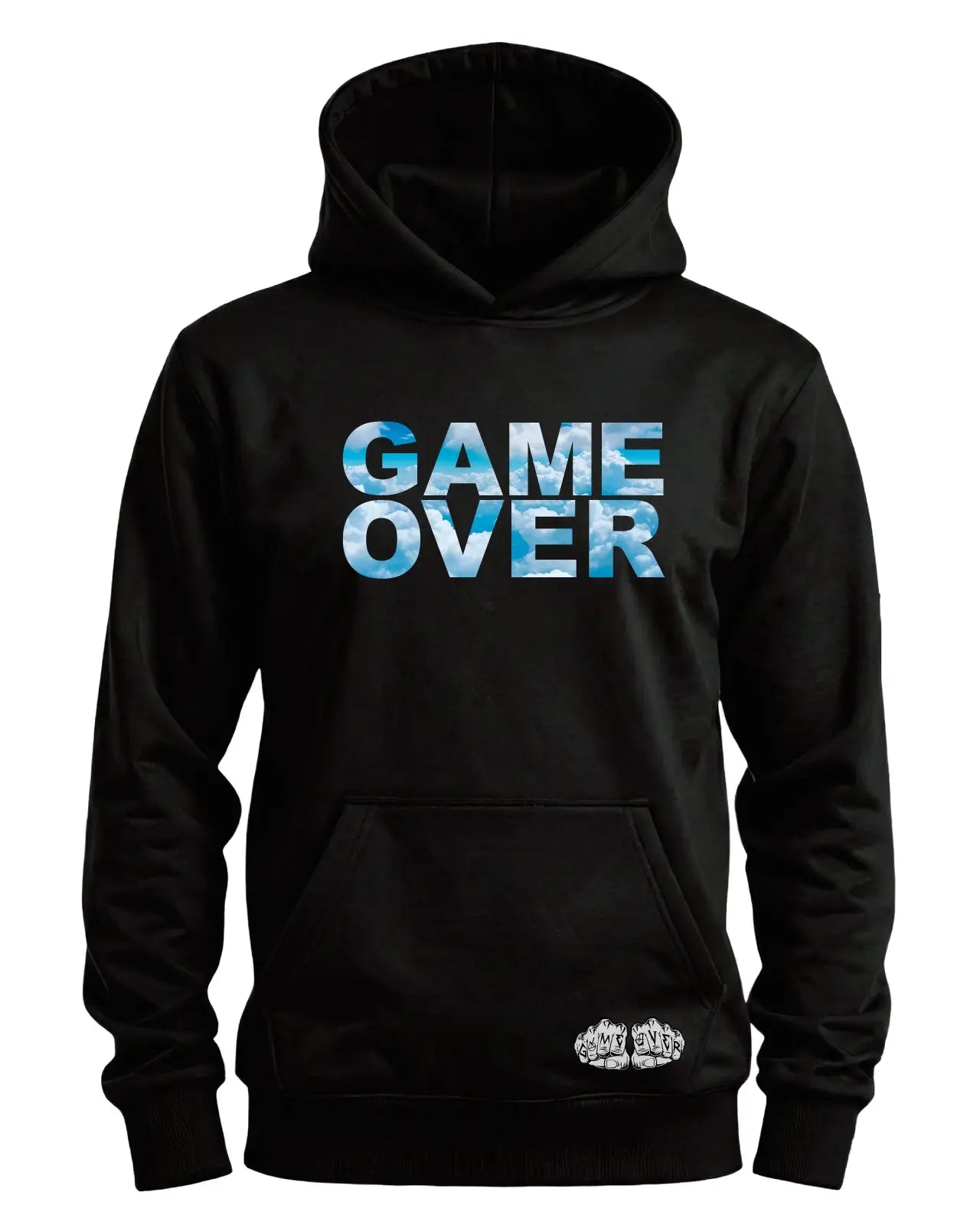 Black hoodie featuring bold Game Over text filled with blue sky and white cloud artwork printed on the front