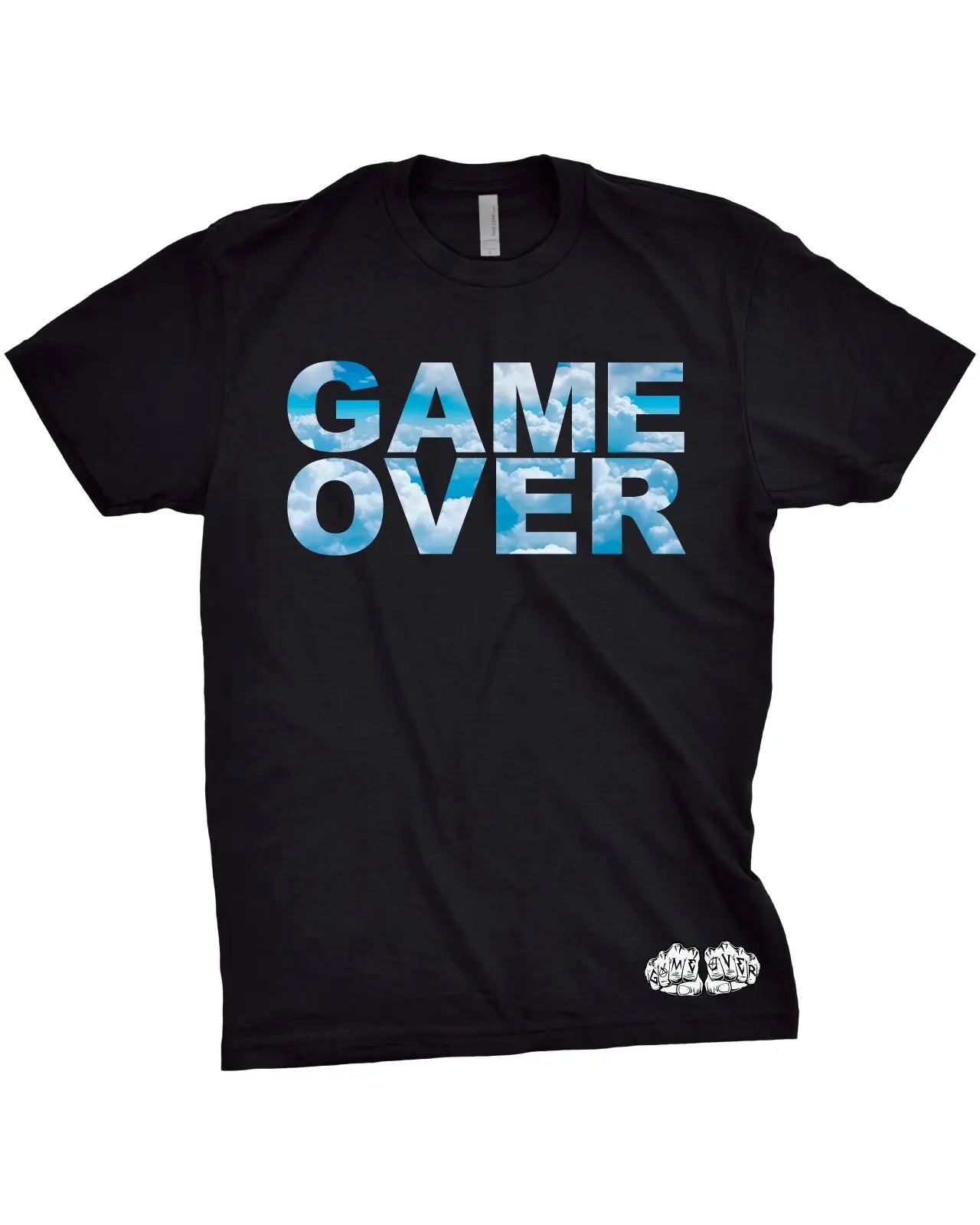 Black t-shirt featuring bold Game Over text filled with blue sky and white cloud artwork printed on the front