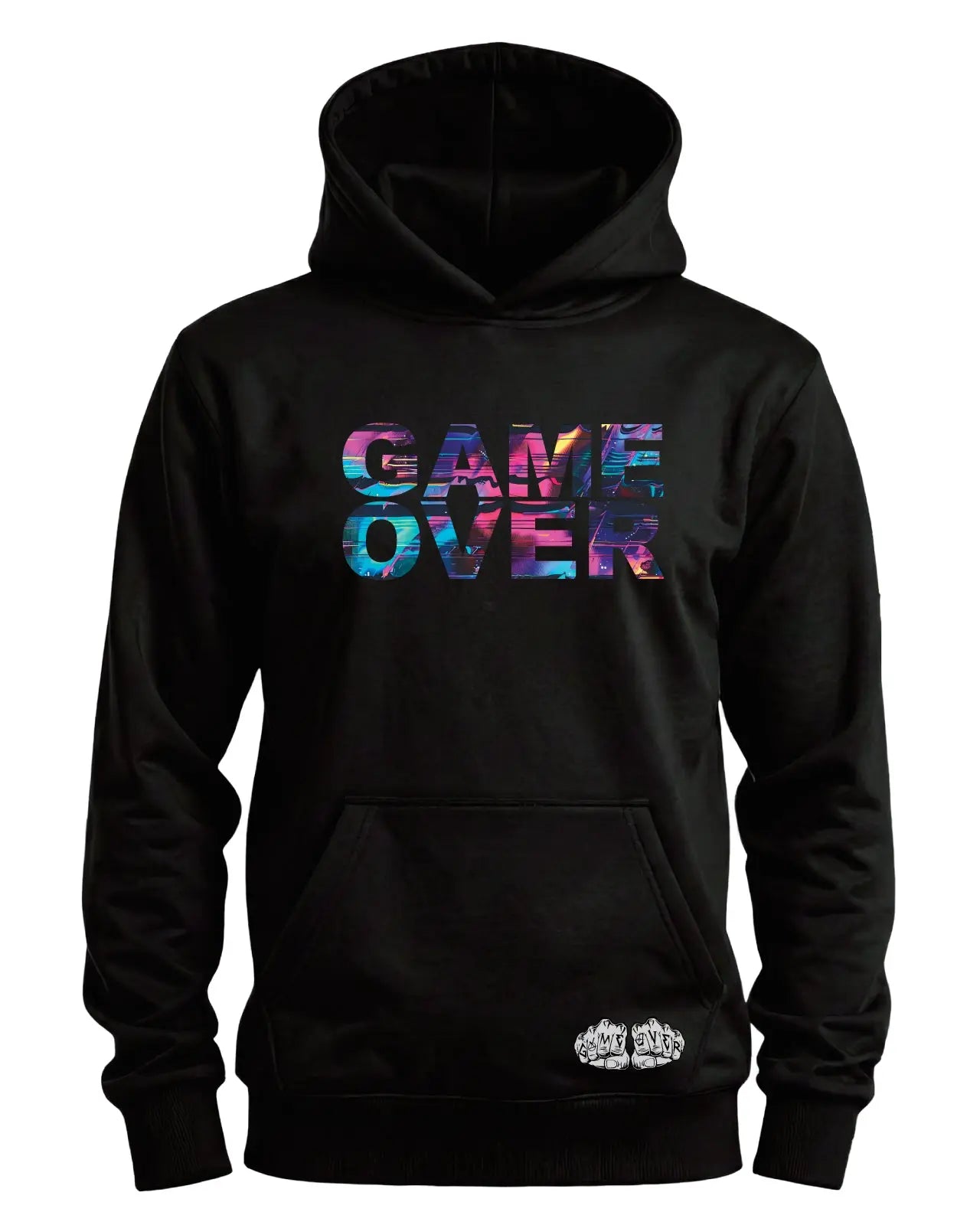 Black hoodie featuring bold Game Over text filled with a system glitch style design featuring neon colors and digital distortion effects printed on the front