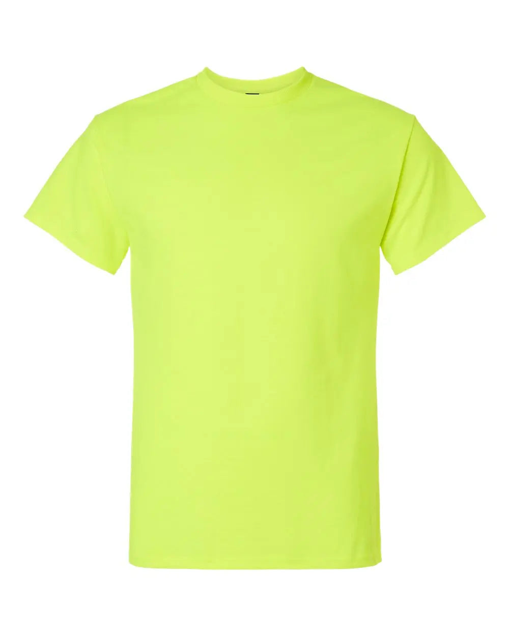 High-visibility safety green short sleeve t-shirt suitable for custom printing and job site workwear.