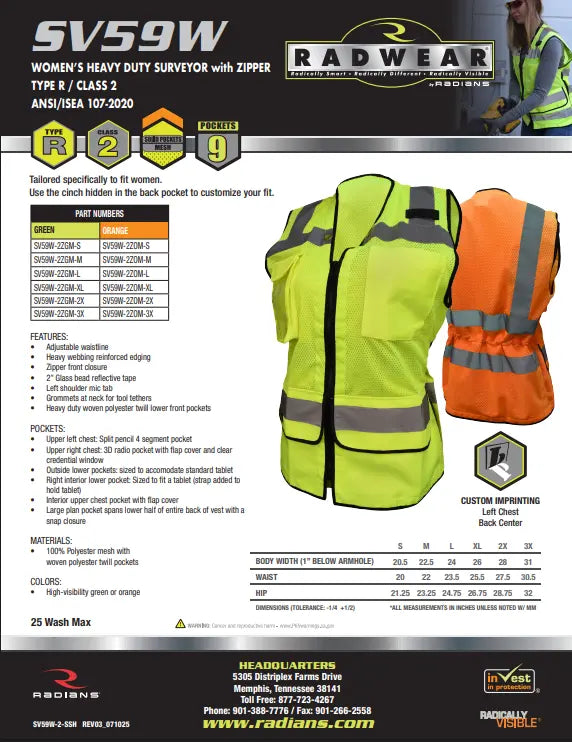 Radians SV59W Ladies Heavy Duty Surveyor Safety Vest