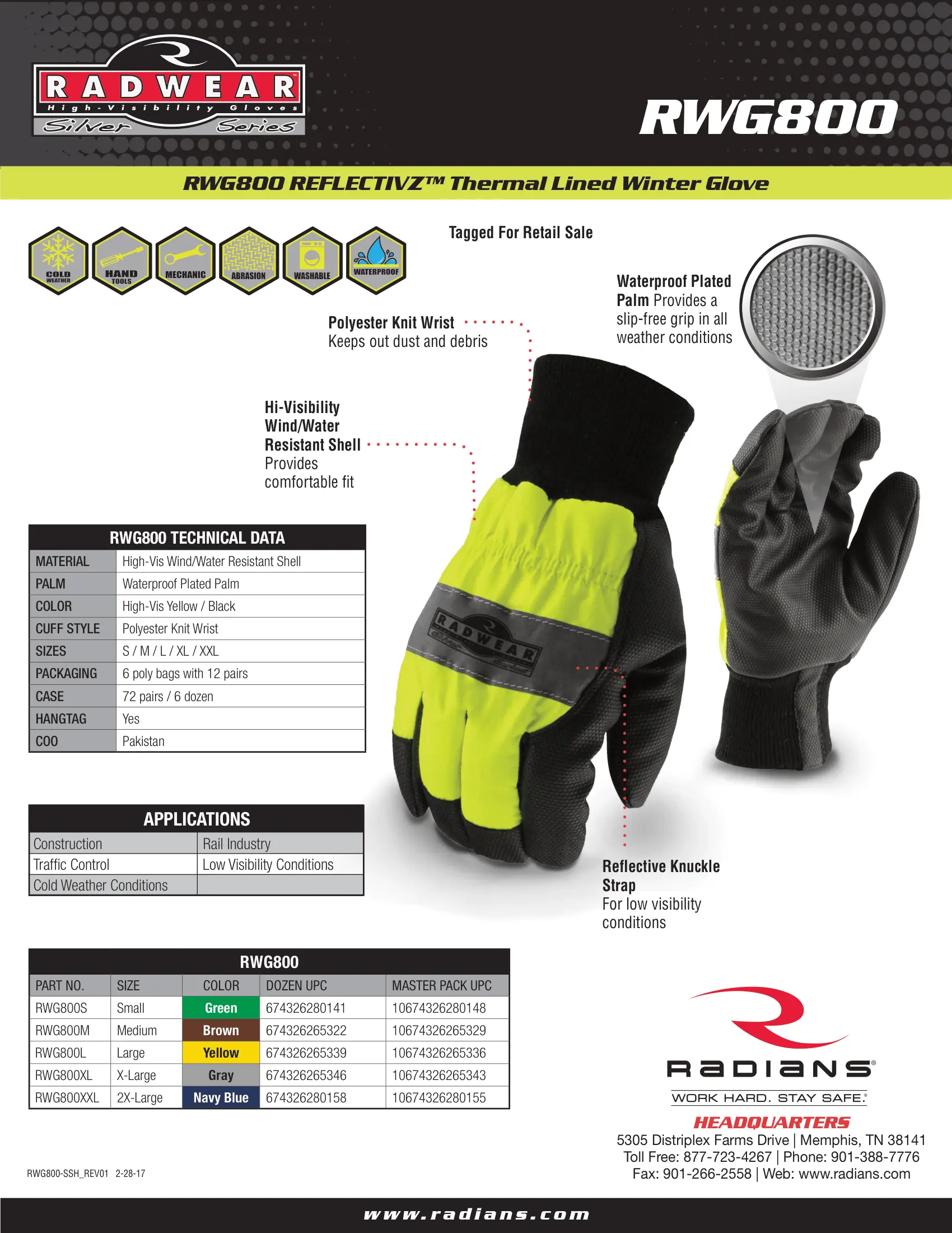 Radians RWG800 Radwear® Silver Series™ High Visibility Thermal Lined Glove 6-Pack