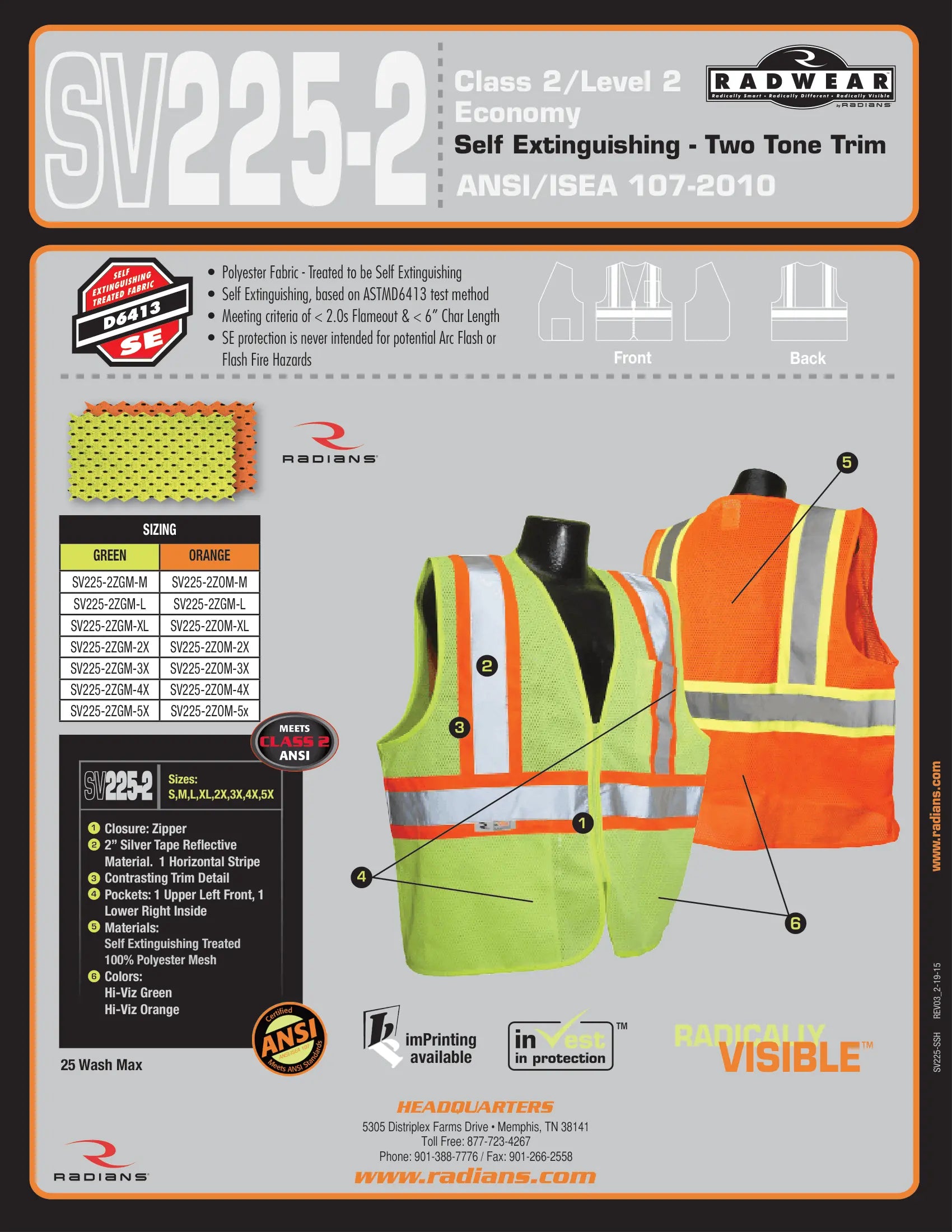 Radians SV225 Class 2 Self Extinguishing Two-Tone Trim Safety Vest