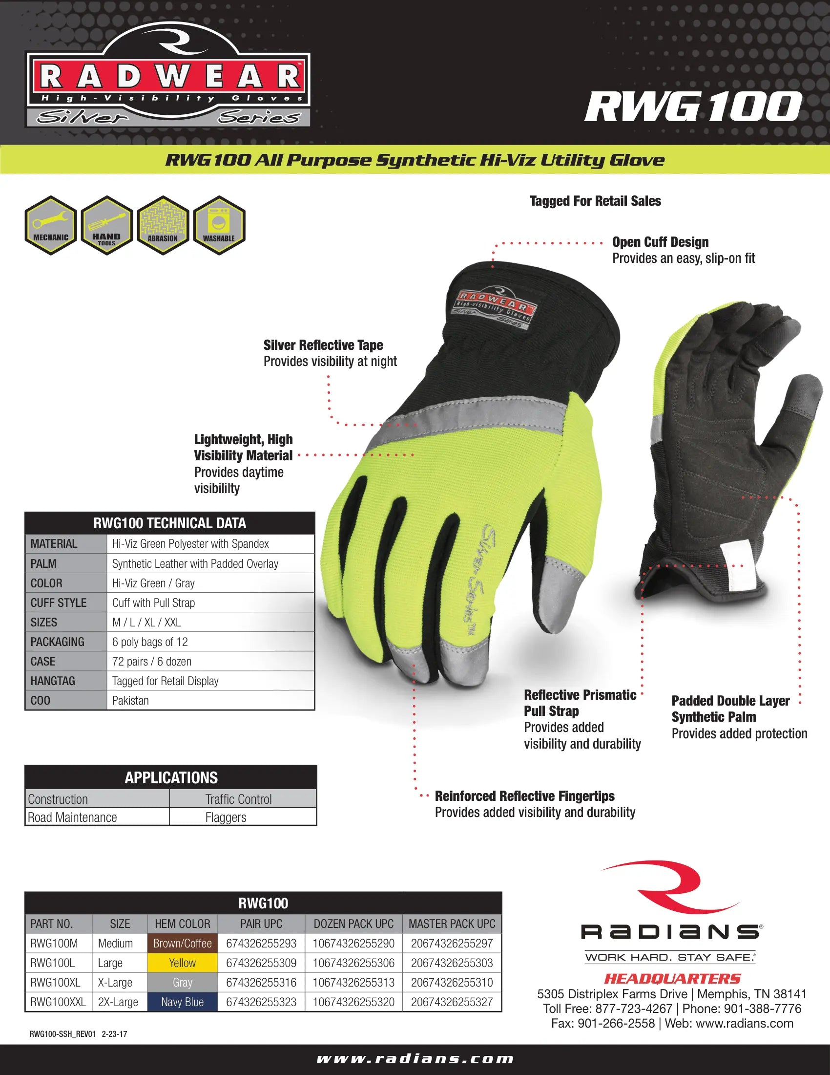 Radians RWG100 Radwear® Silver Series™ Synthetic High Visibility All Purpose Utility Glove