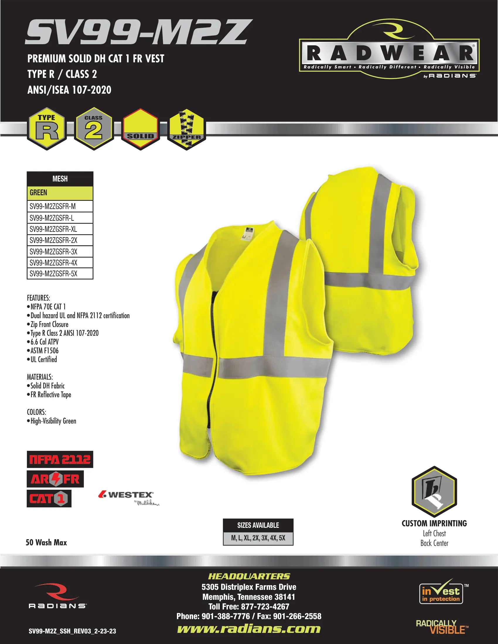 Radians SV99-M2ZGSFR Solid DH Cat 1 Class 2 FR Vest
