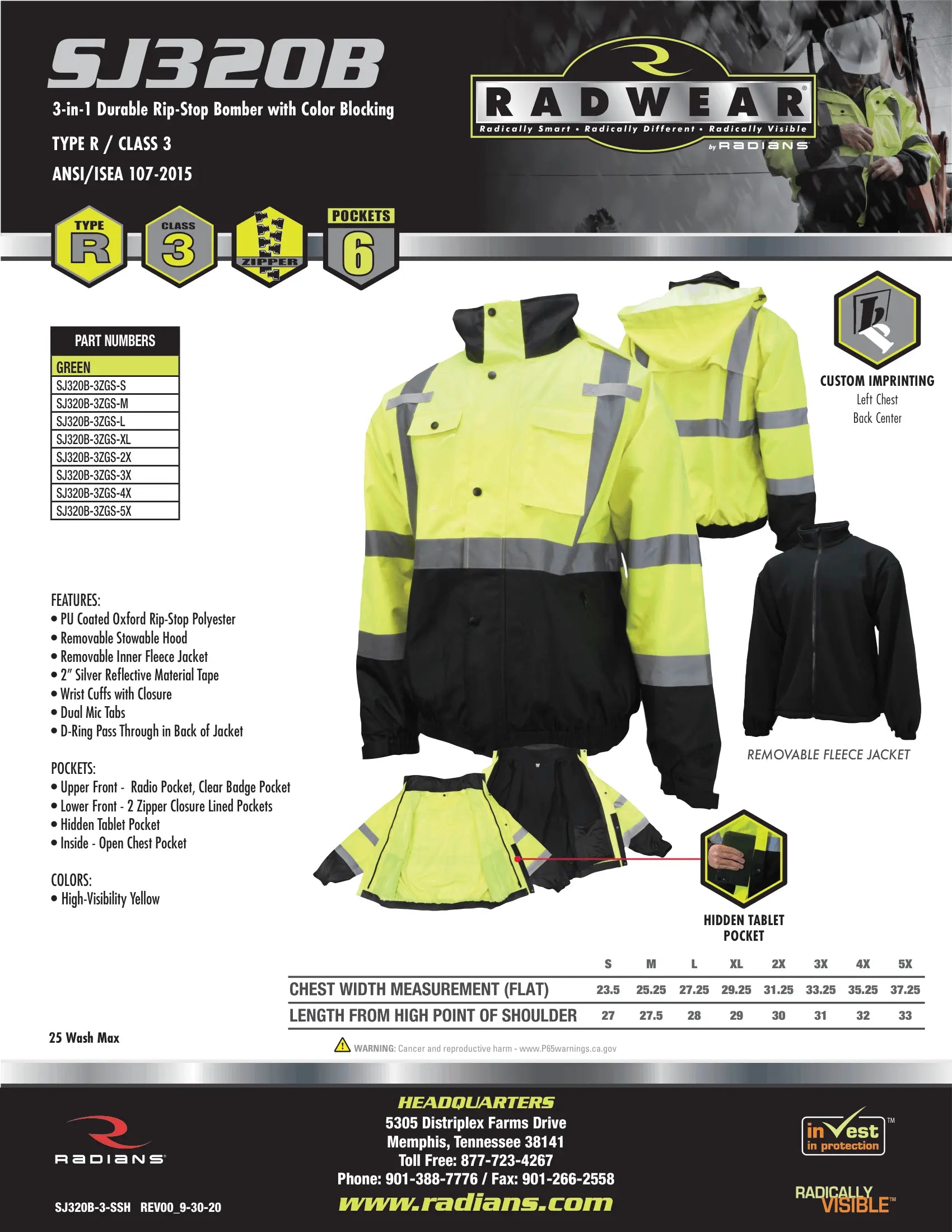 Radians SJ320 3-in-1 Durable Ripstop Bomber Jacket with Color Blocking