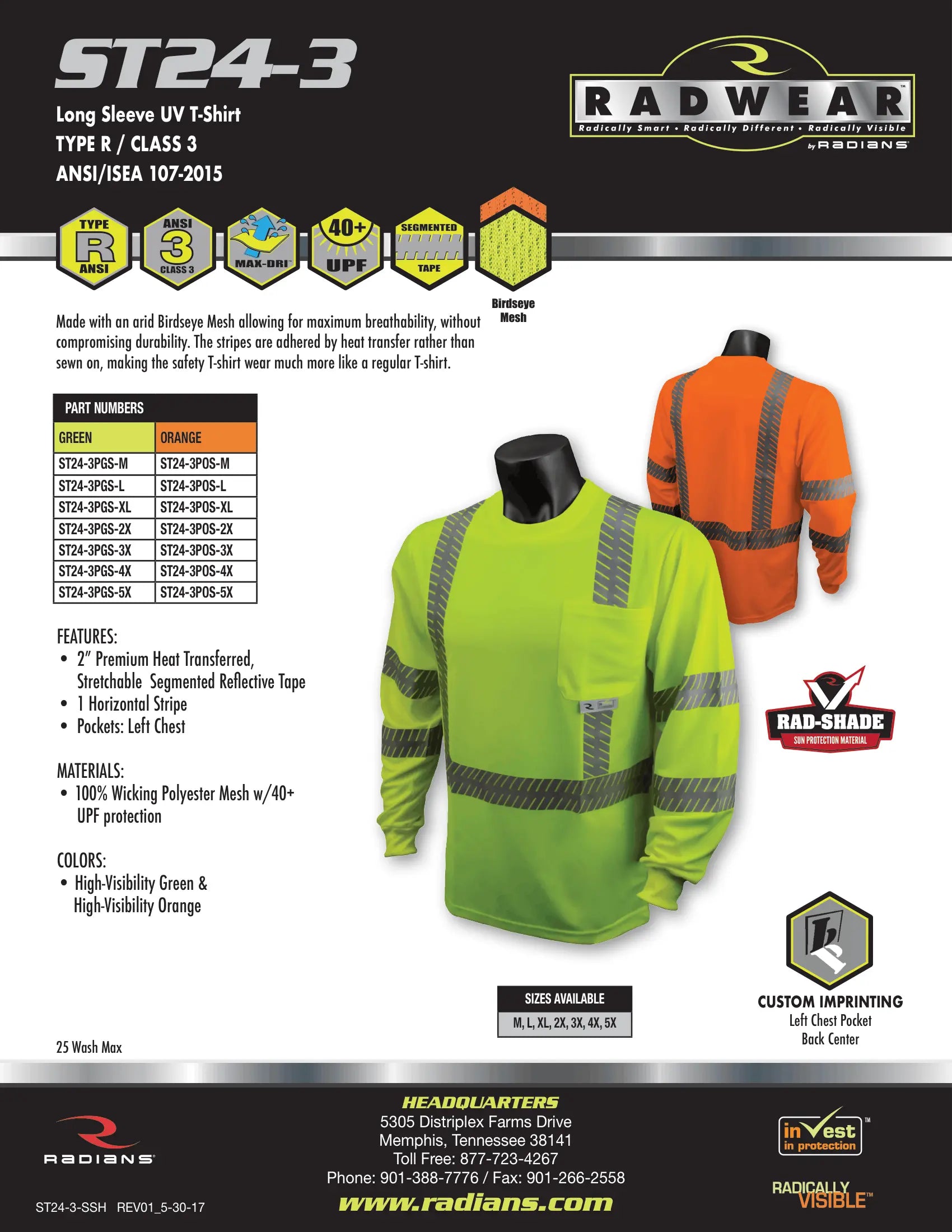 Radians ST24-3 Class 3 High Visibility Safety T-Shirt with Rad-Shade® UV Protection
