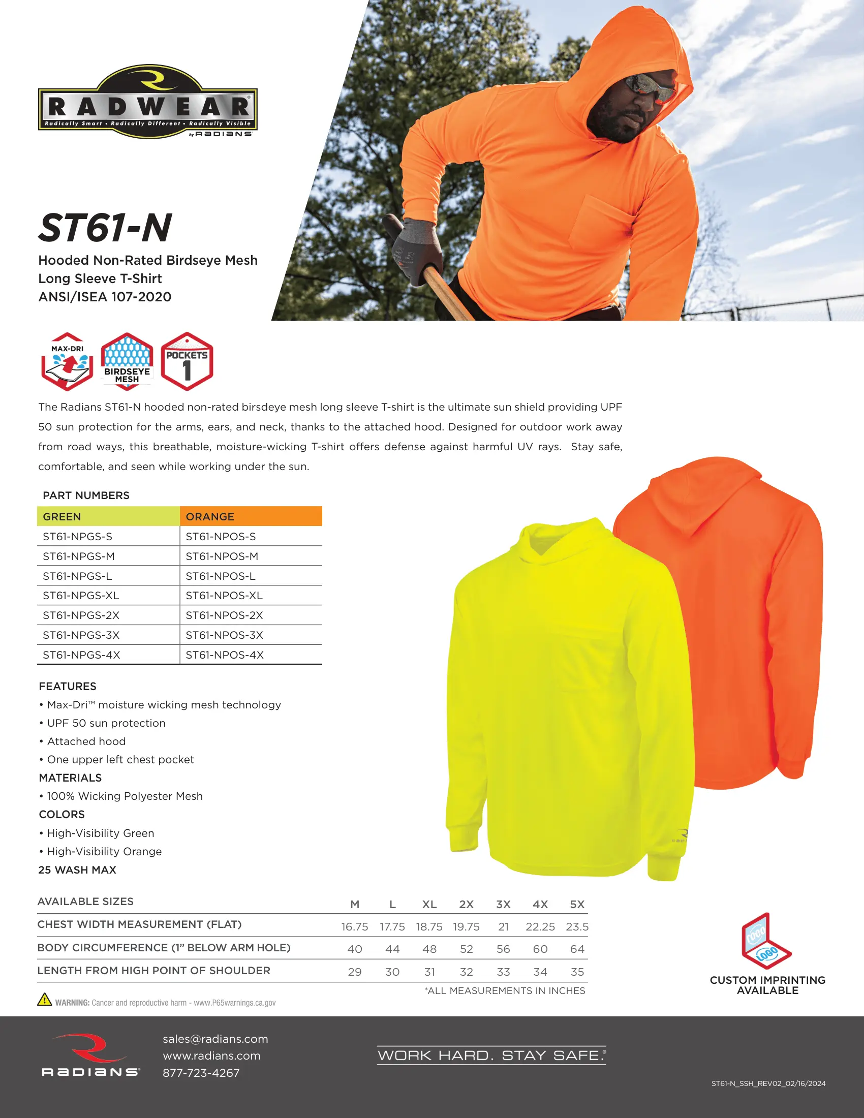 Radians ST61-N Hooded Non Rated Mesh Long Sleeve T-Shirt w/ UV Protection