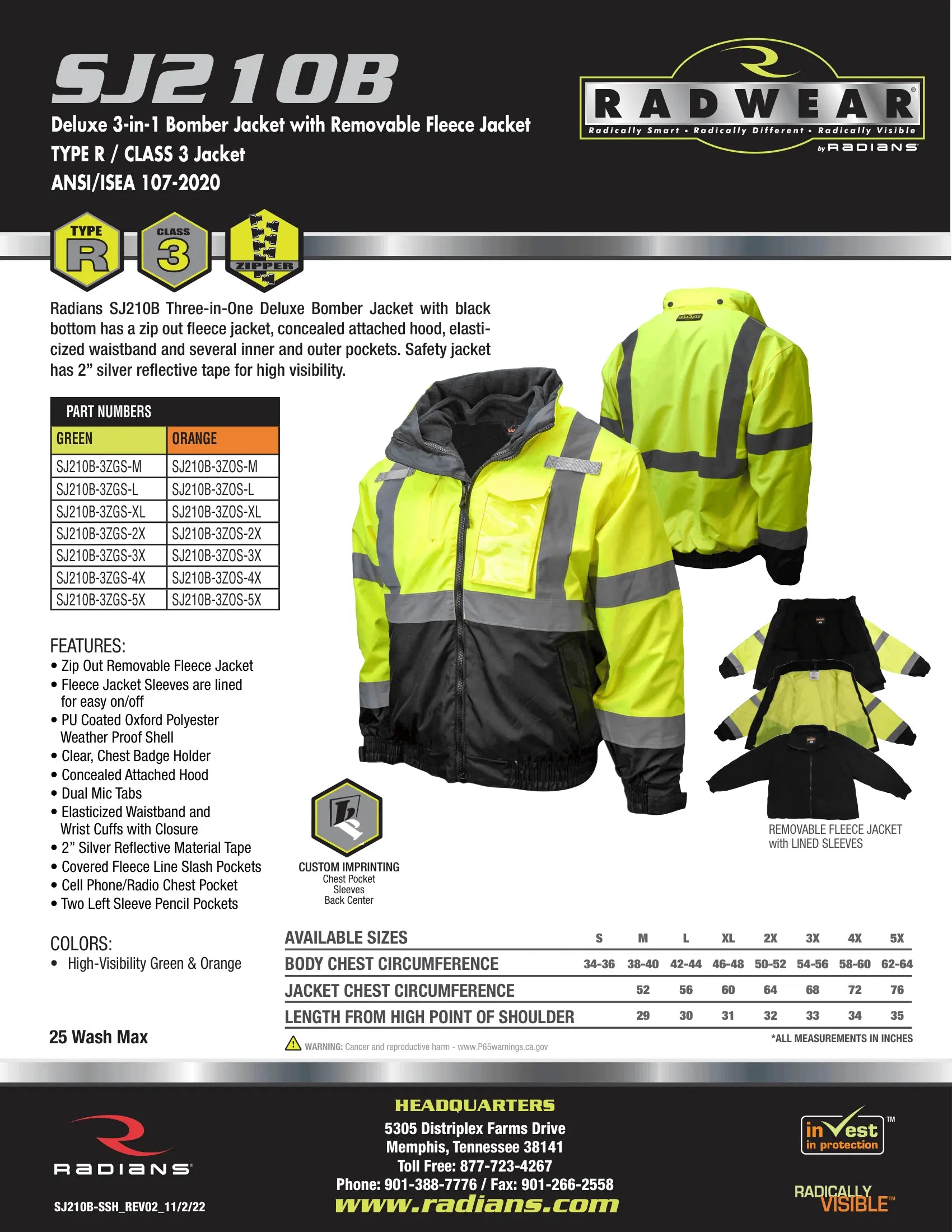 Radians SJ210B Three-in-One Deluxe High Visibility Bomber Jacket