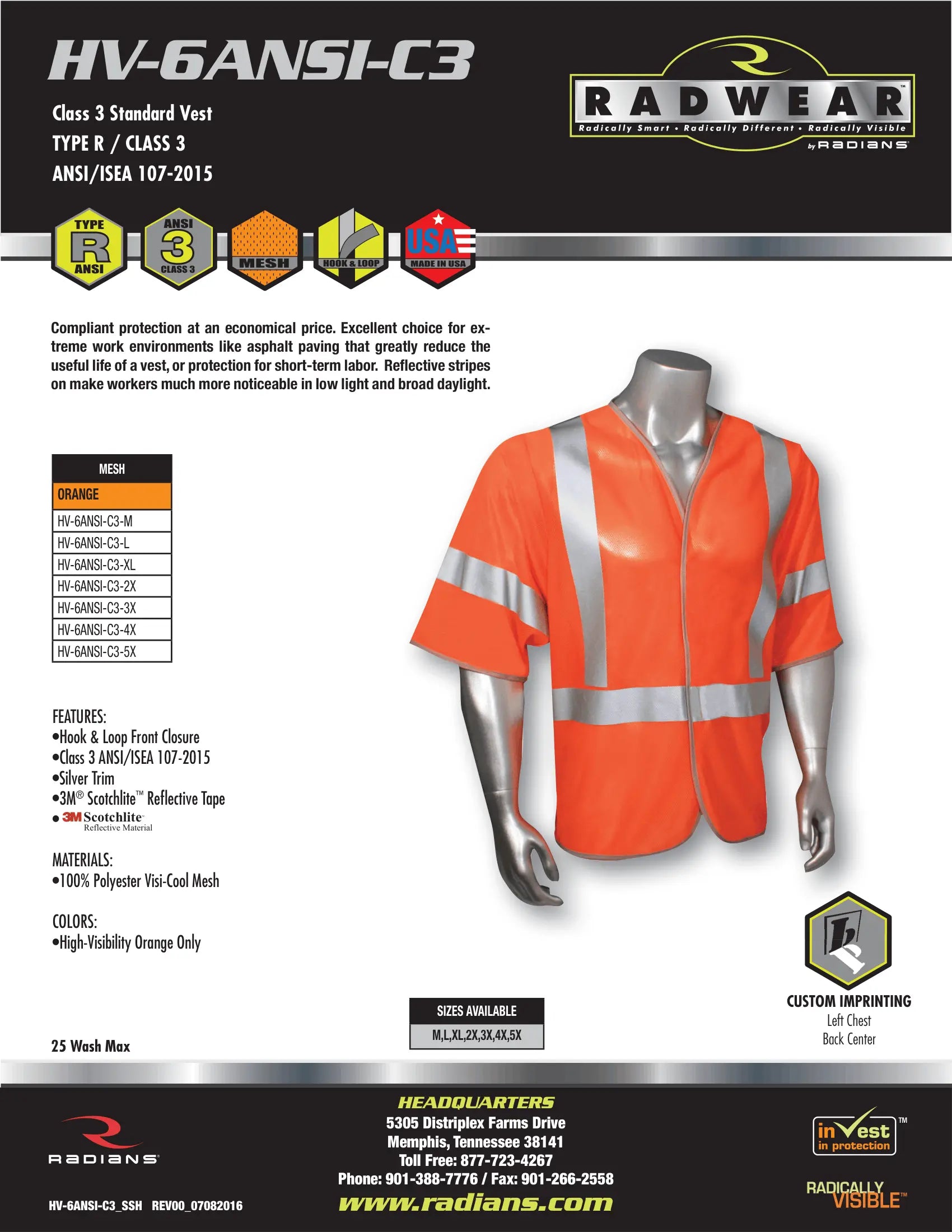 Radwear USA HV-6ANSI-C3 Safety Vest