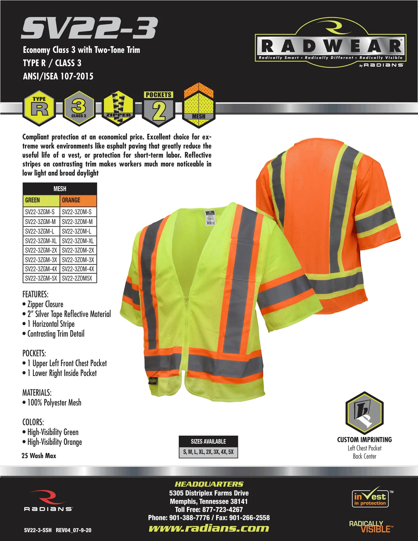 Radians SV22-3 Economy Type R Class 3 Safety Vest with Two-Tone Trim