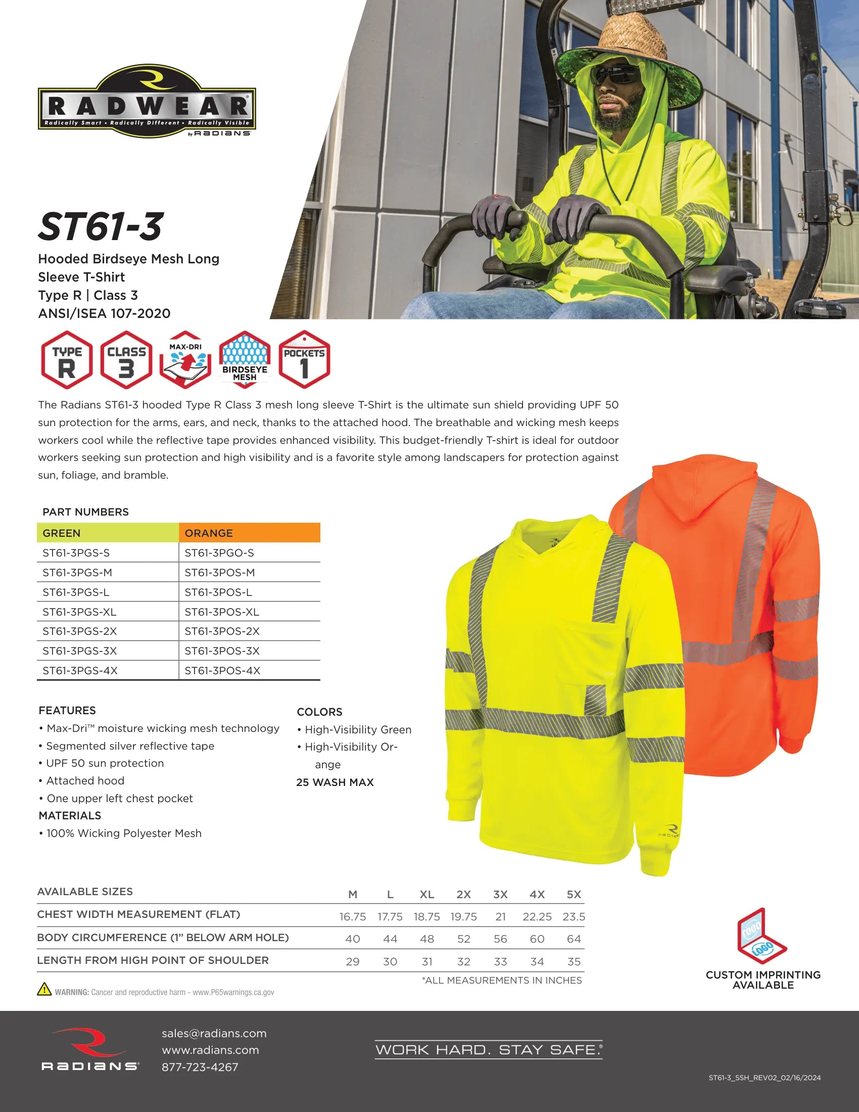 Radians ST61-3 Hooded Type R Class 3 Mesh Long Sleeve T-Shirt w/ UV Protection