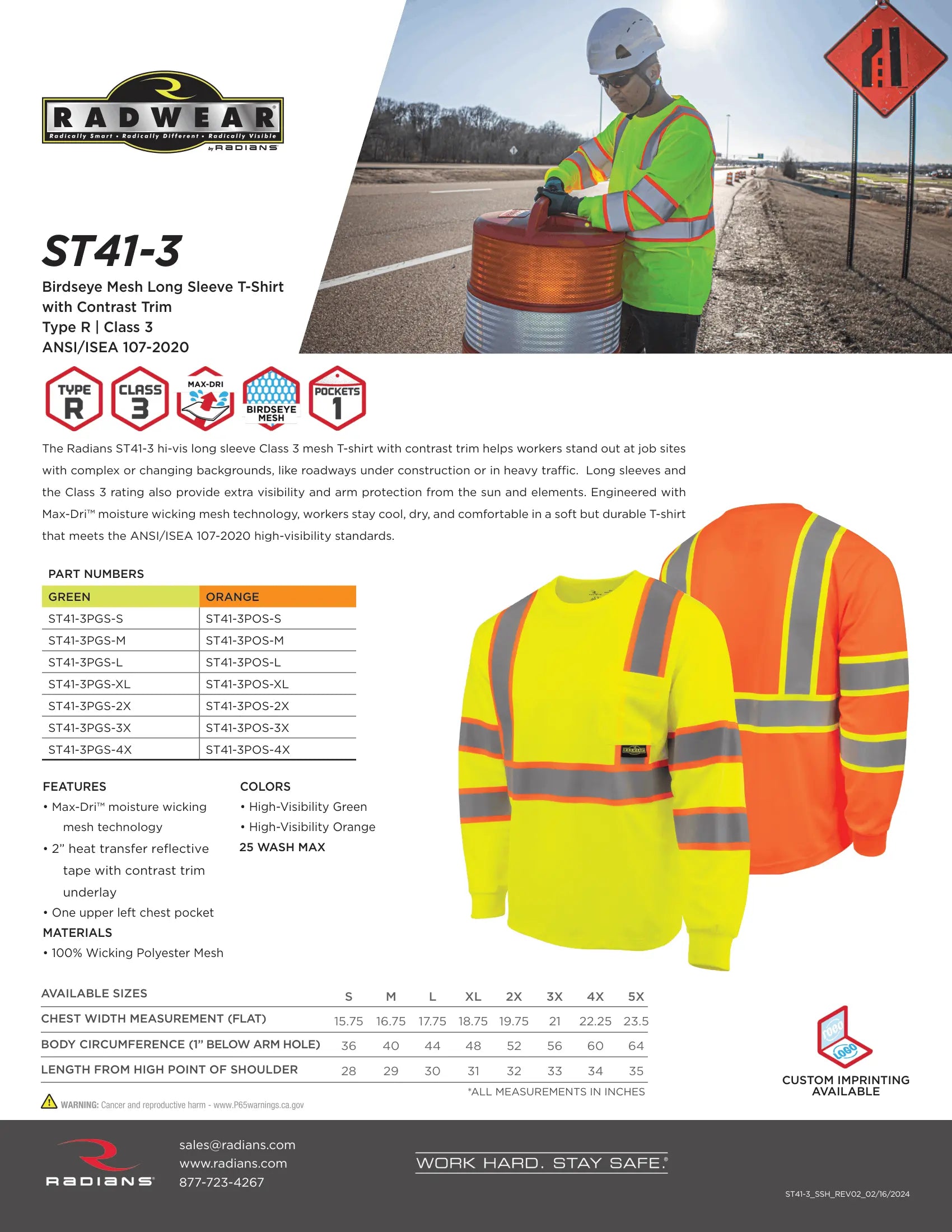 Radians ST41-3 Class 3 Mesh Long Sleeve T-Shirt with Contrast Trim