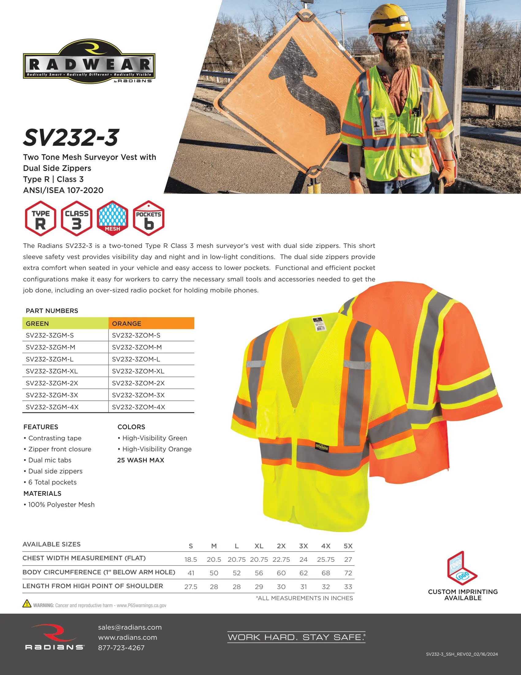 Radians SV232-3 Two Tone Surveyor Type R Class 3 Mesh Safety Vest with Dual Side Zippers
