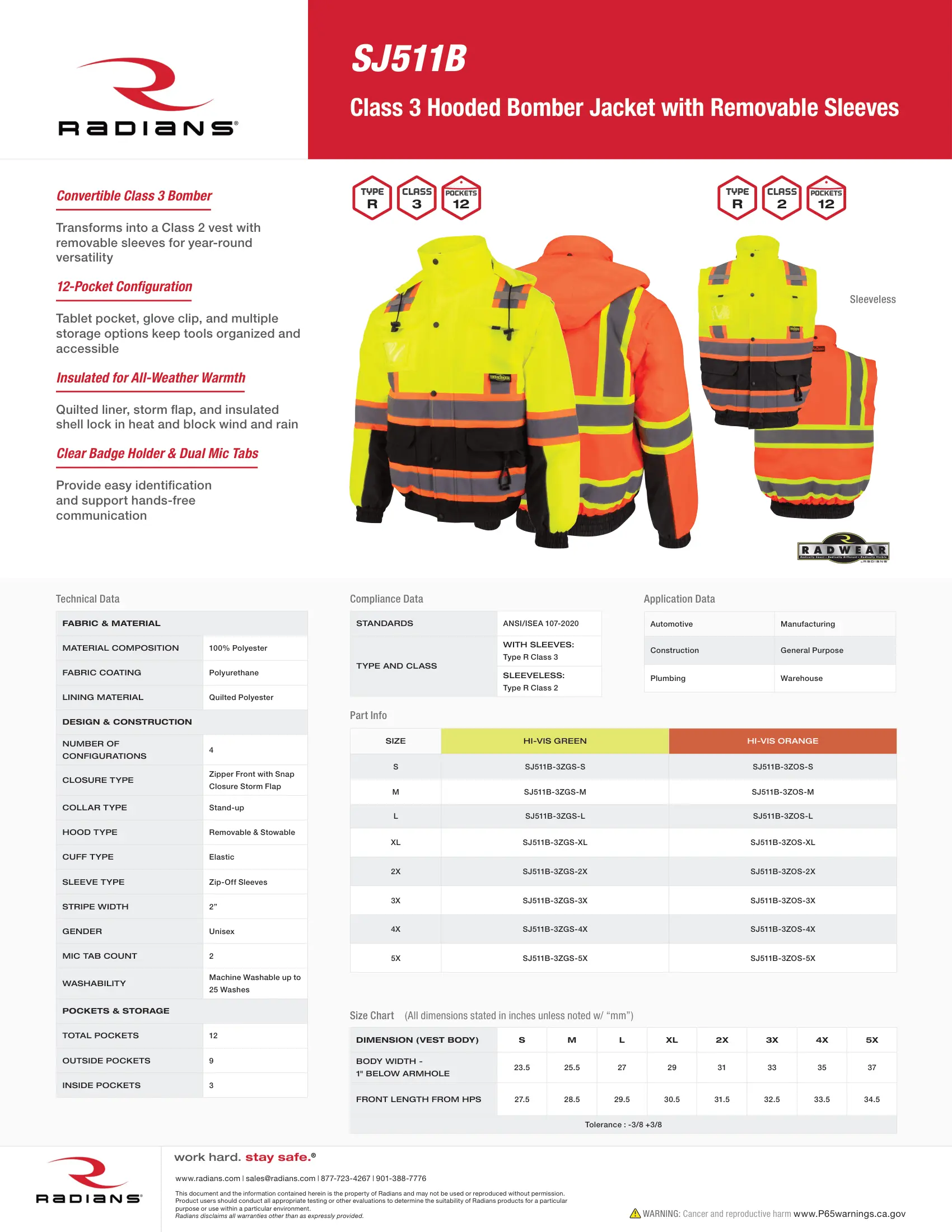 Radians SJ511B Class 3 Hi-Vis Hooded Bomber Jacket with Removable Sleeves