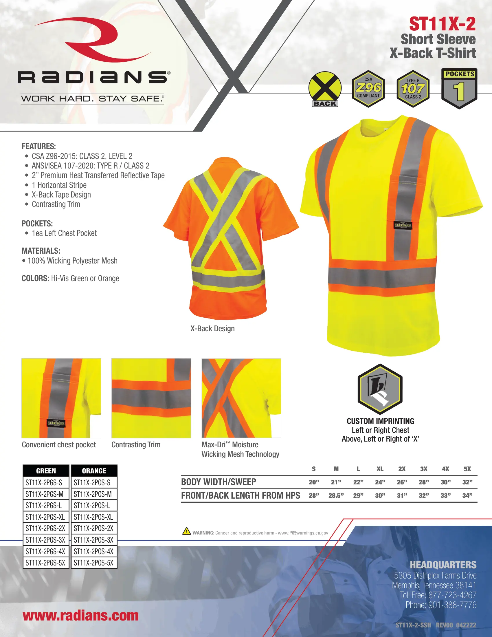 Radians ST11X Class 2 Short Sleeve Safety T-Shirt X-Back