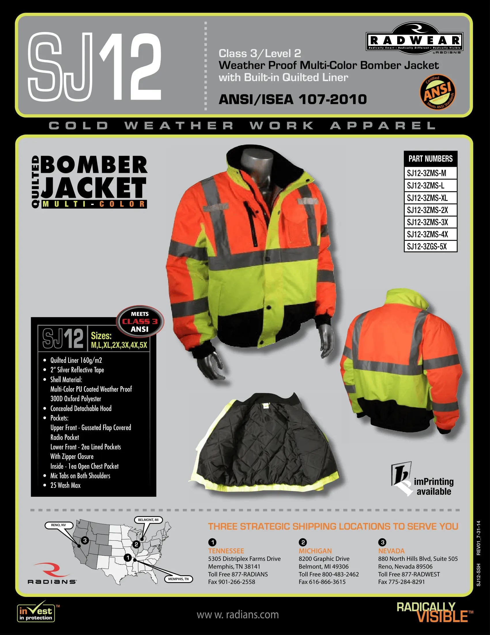 Radians SJ12-3 Weatherproof Multi-Color Bomber Jacket with Quilted Built-In Liner