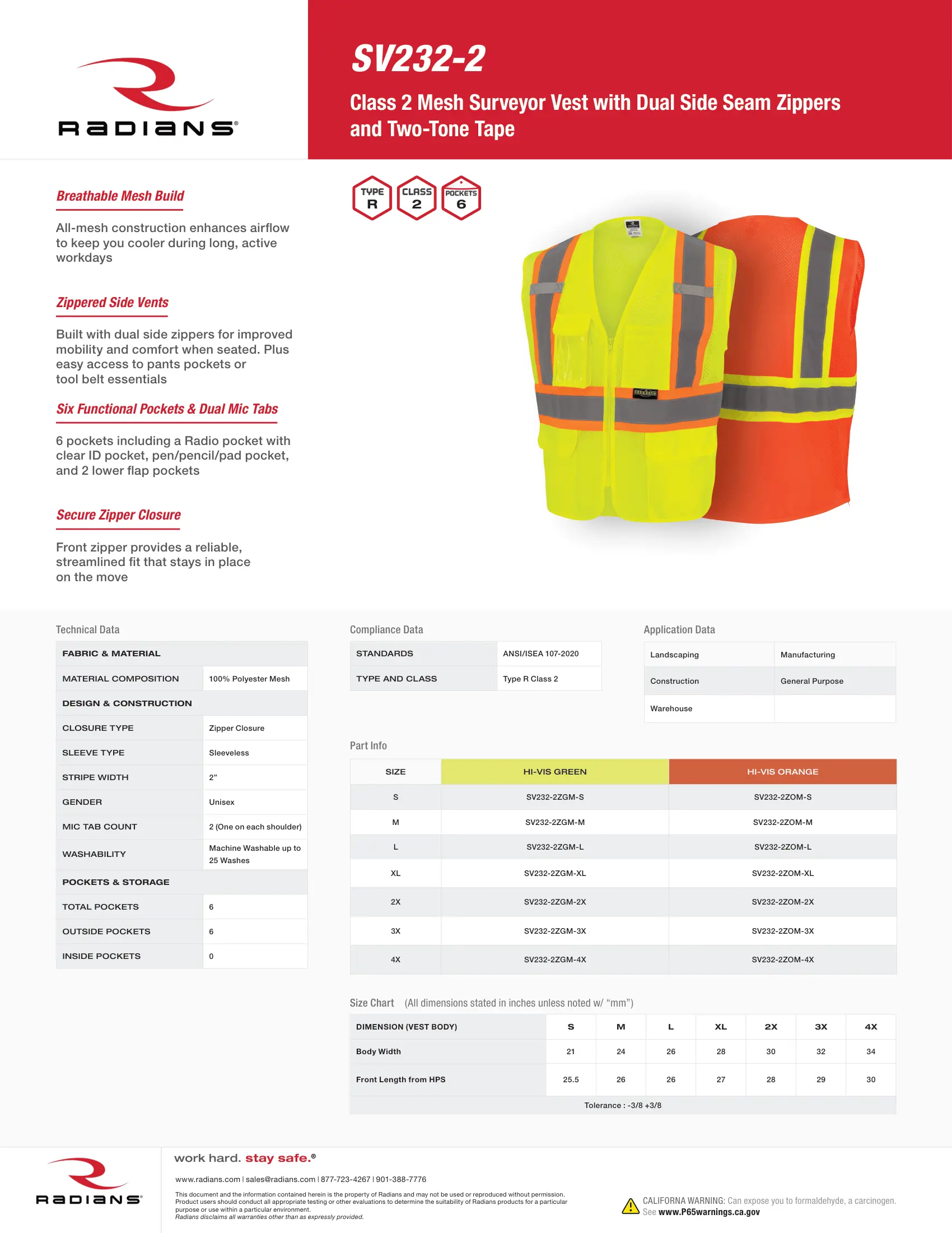 Radians SV232 Class 2 Mesh Surveyor Vest with Side Seam Zippers and Two-Tone Tape