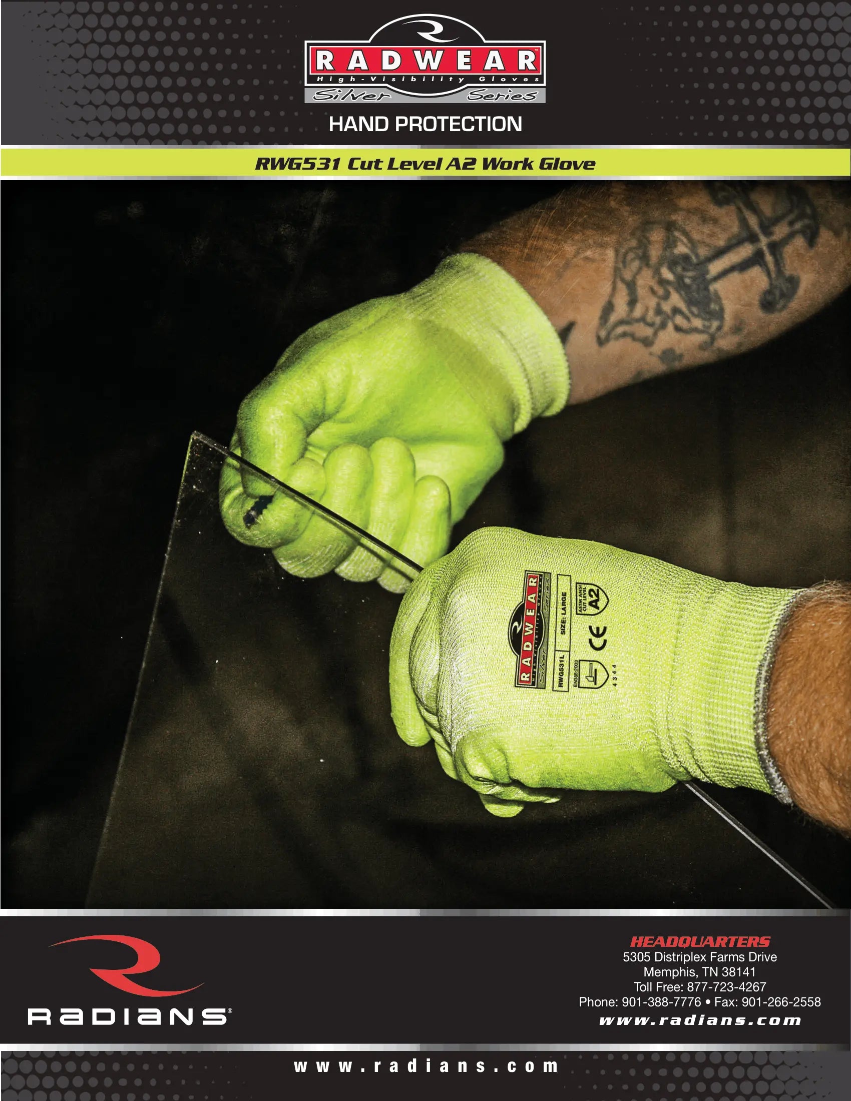 Radians RWG531 Radwear® Silver Series™ Cut Protection Level A2 High Visibility Grip Glove 12-Pack