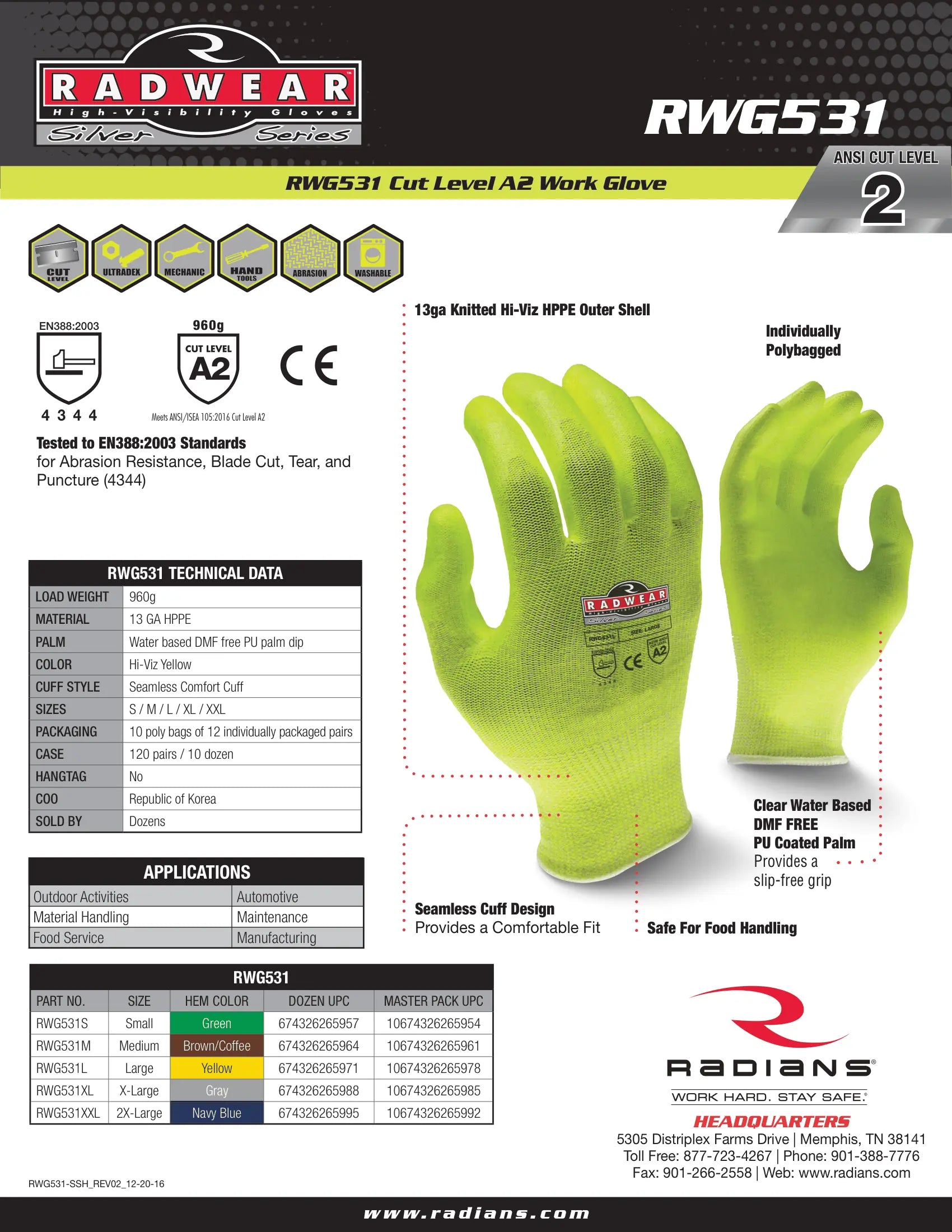 Radians RWG531 Radwear® Silver Series™ Cut Protection Level A2 High Visibility Grip Glove 12-Pack
