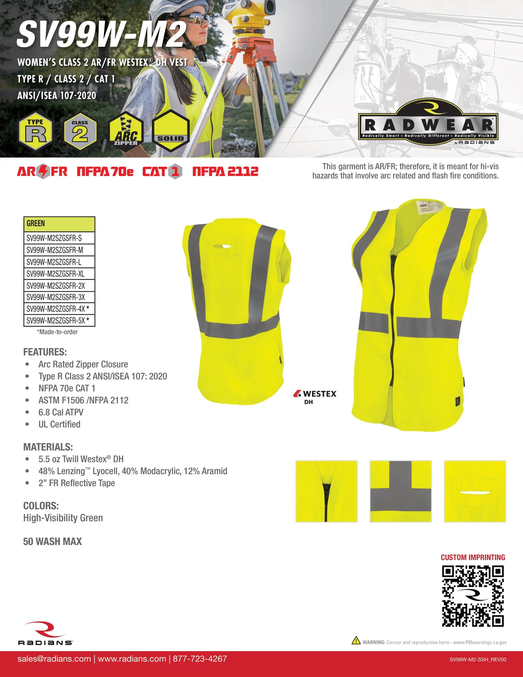 Radians SV99W-M2ZGSFR 5.5 oz Women’s Class 2 AR/FR Westex® DH Vest
