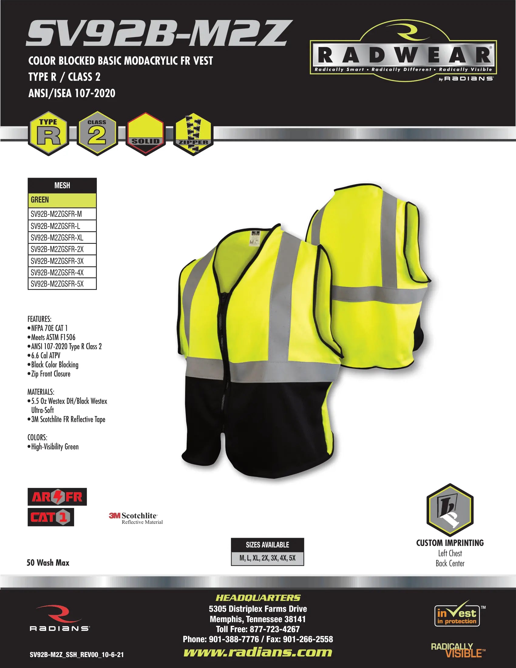 Radians SV92B-M2ZGSFR Solid 5.5 oz DH Cat 1 Class 2 Color Blocked FR Vest