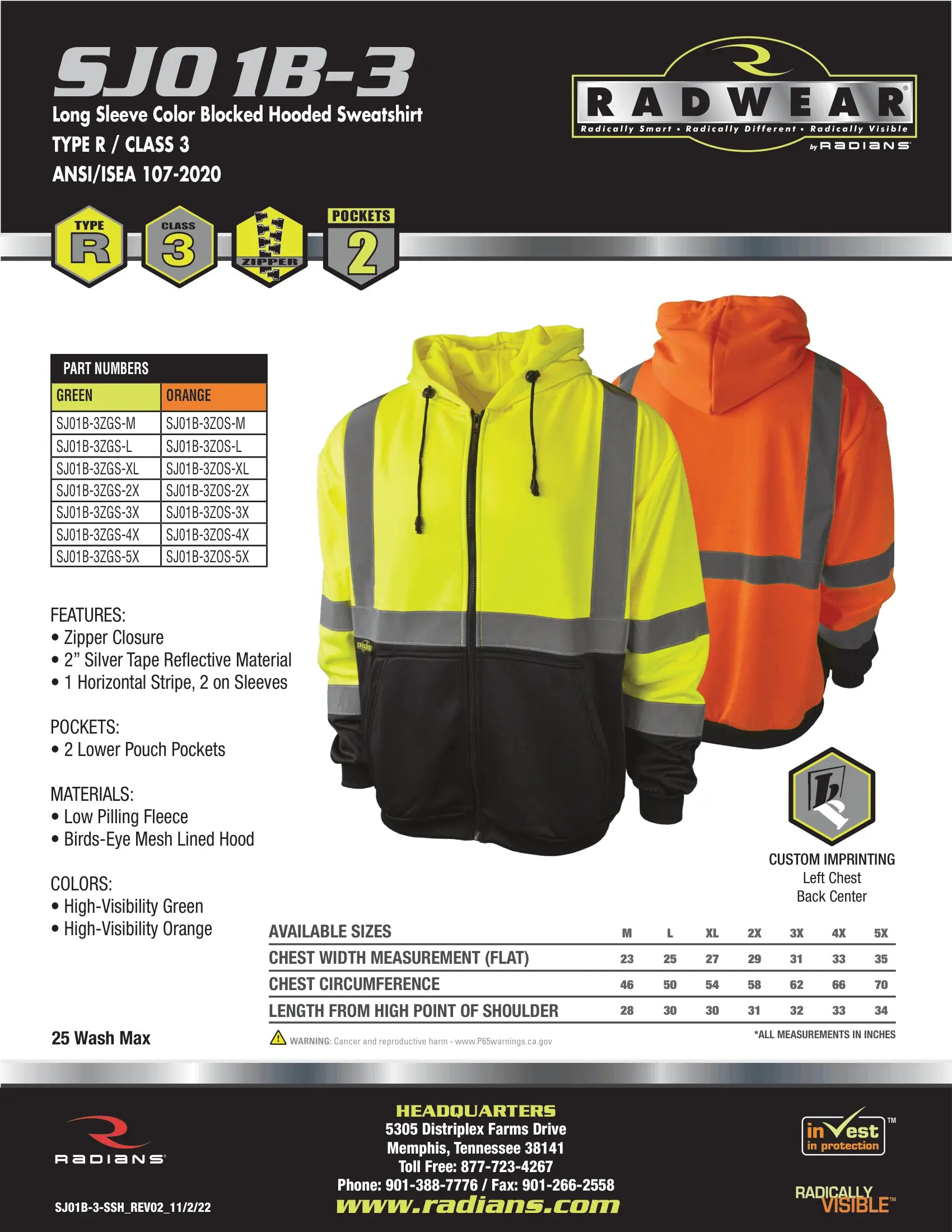 Radians SJ01B-3 Class 3 Color Blocked Hooded Sweatshirt