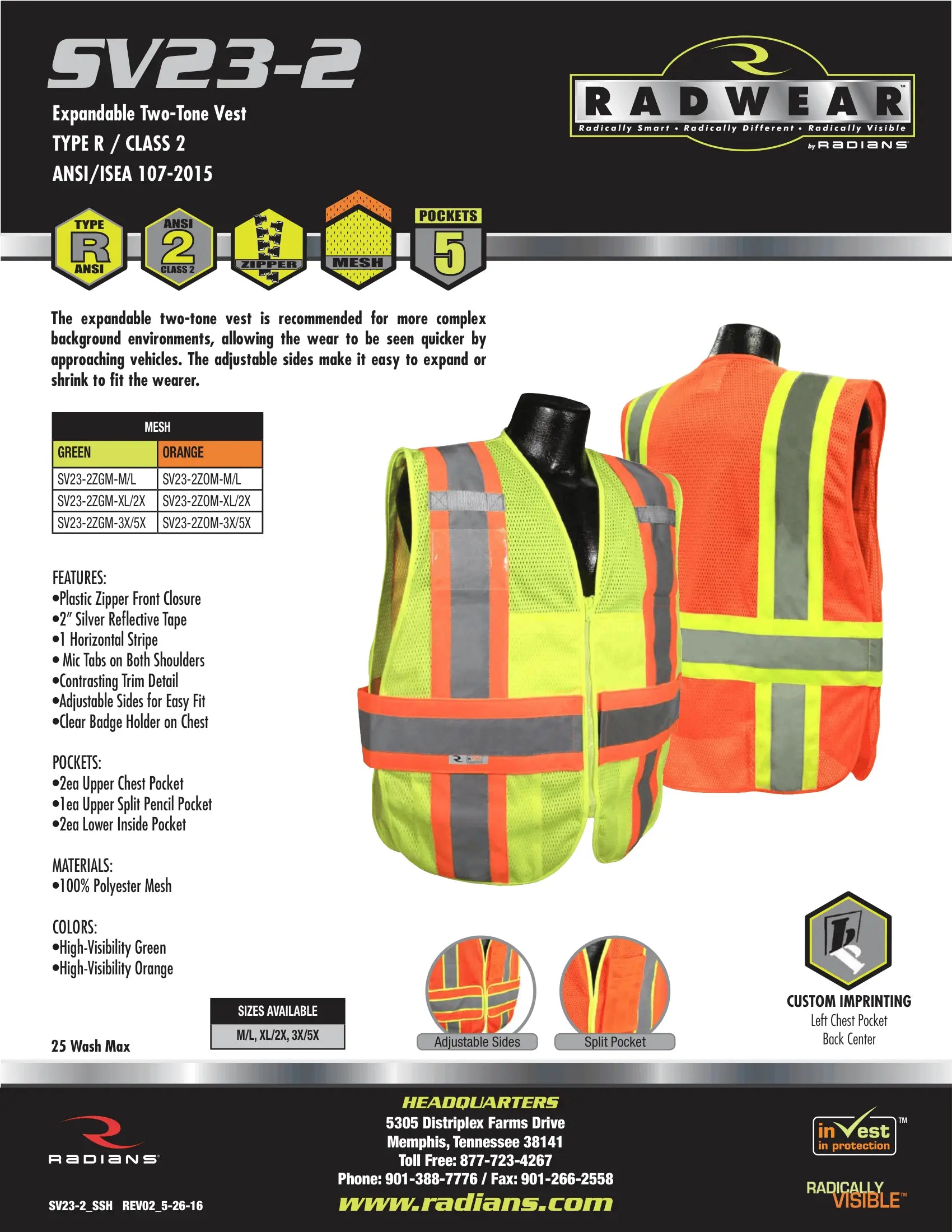 Radians SV23-2 Type R Class 2 Expandable Two Tone Safety Vest