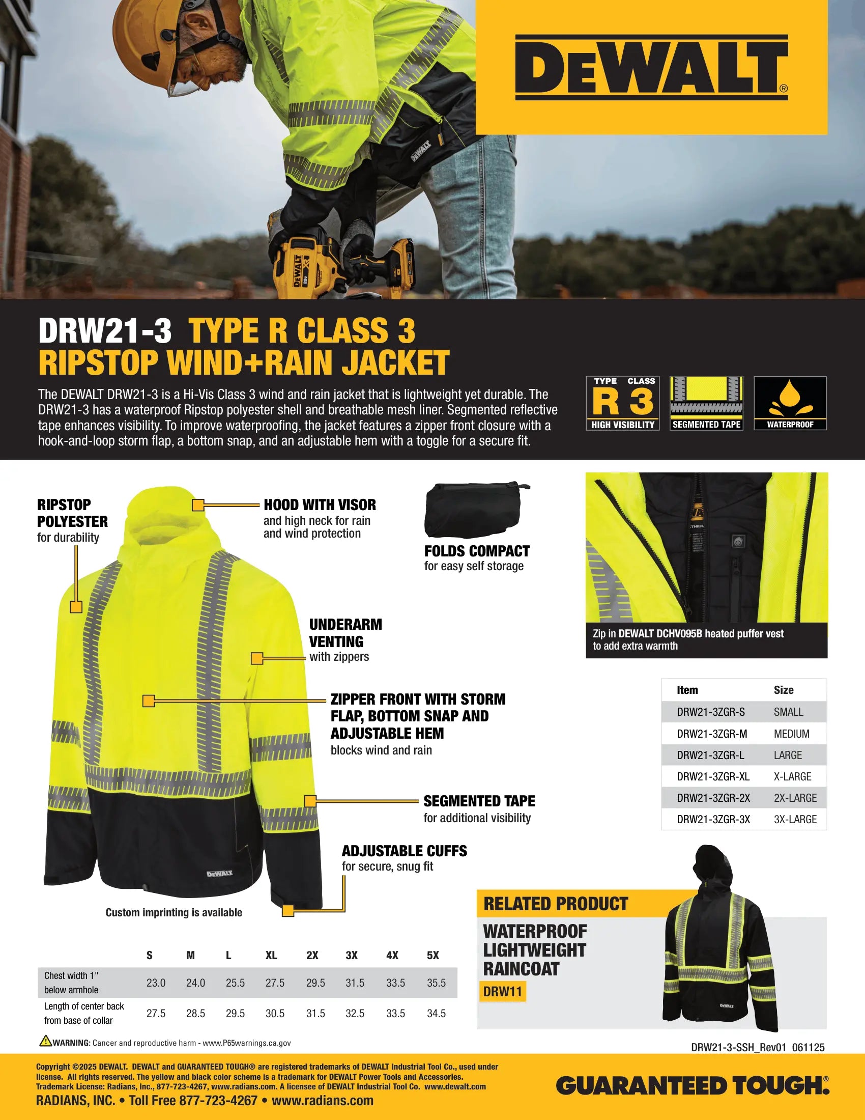 DEWALT DRW21-3 Type R Class 3 Ripstop Wind and Rain Jacket