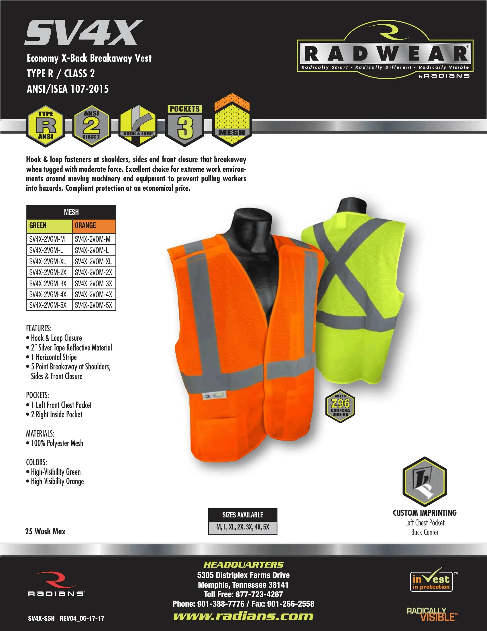 Radians SV4X Economy Mesh X-Back Type R Class 2 Breakaway Safety Vest