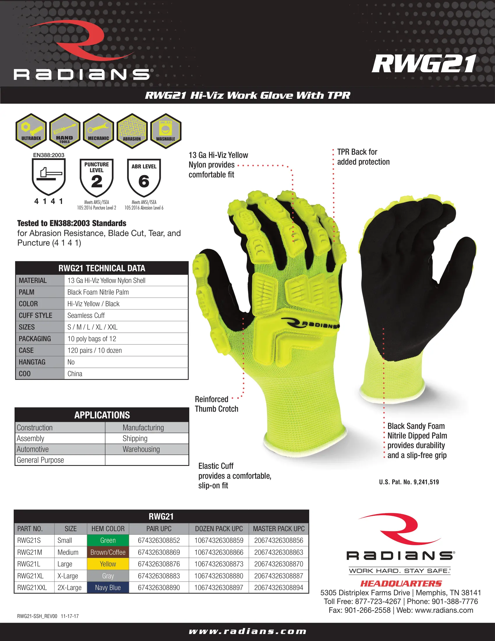 Radians RWG21 High Visibility Work Glove with TPR