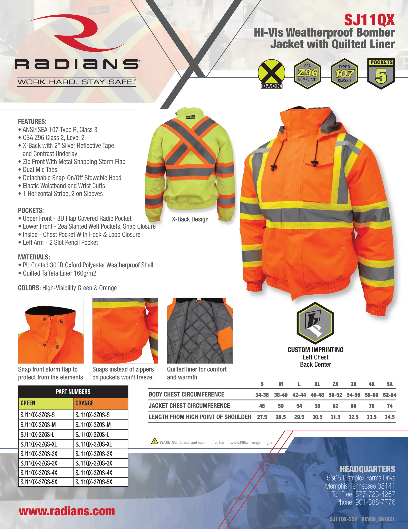Radians SJ11QX-3 Class 3 X-Back Quilted Bomber Jacket with Hood