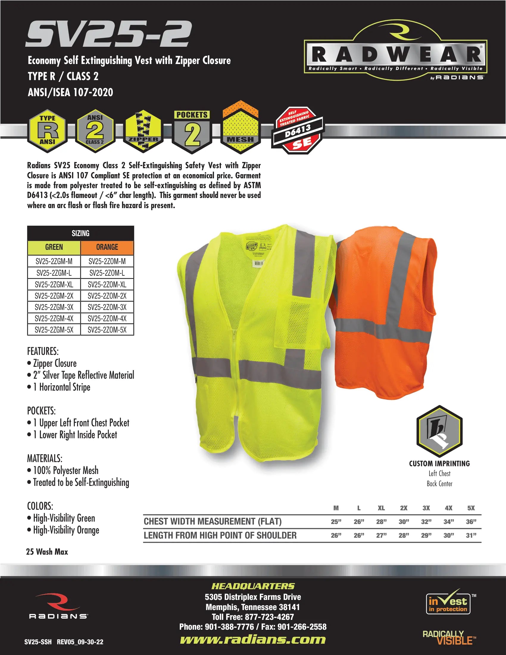 Radians SV25 Economy Class 2 Self-Extinguishing Safety Vest with Zipper