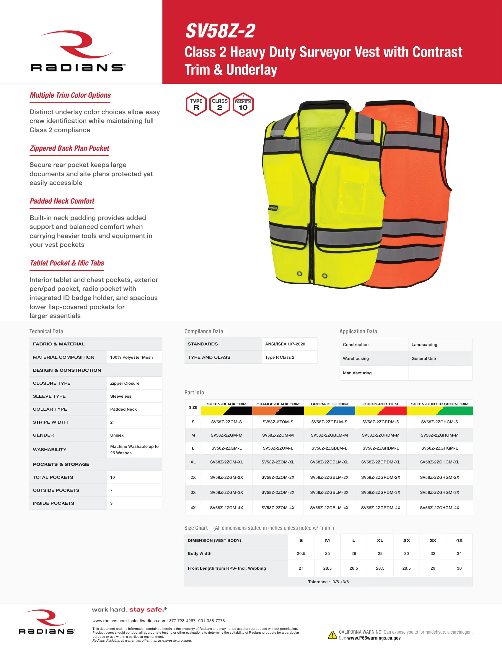 Radians SV58Z Class 2 Heavy Duty Surveyor Vest with Contrast Trim and Underlay