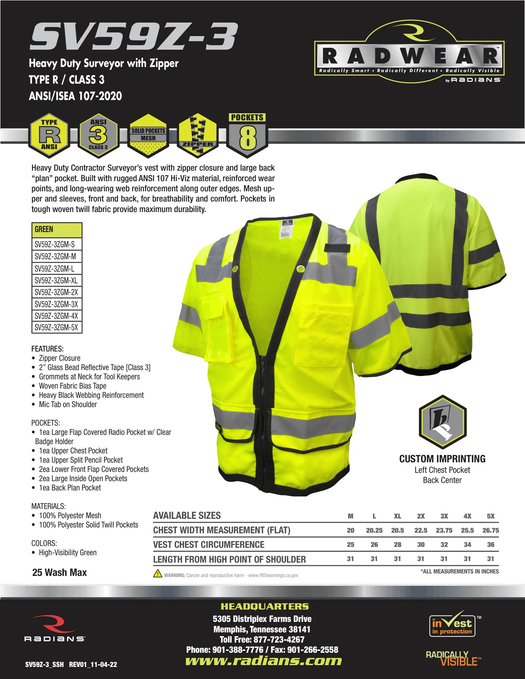 Radians SV59Z-3 Type R Class 3 Heavy Duty Surveyor Safety Vest with Zipper