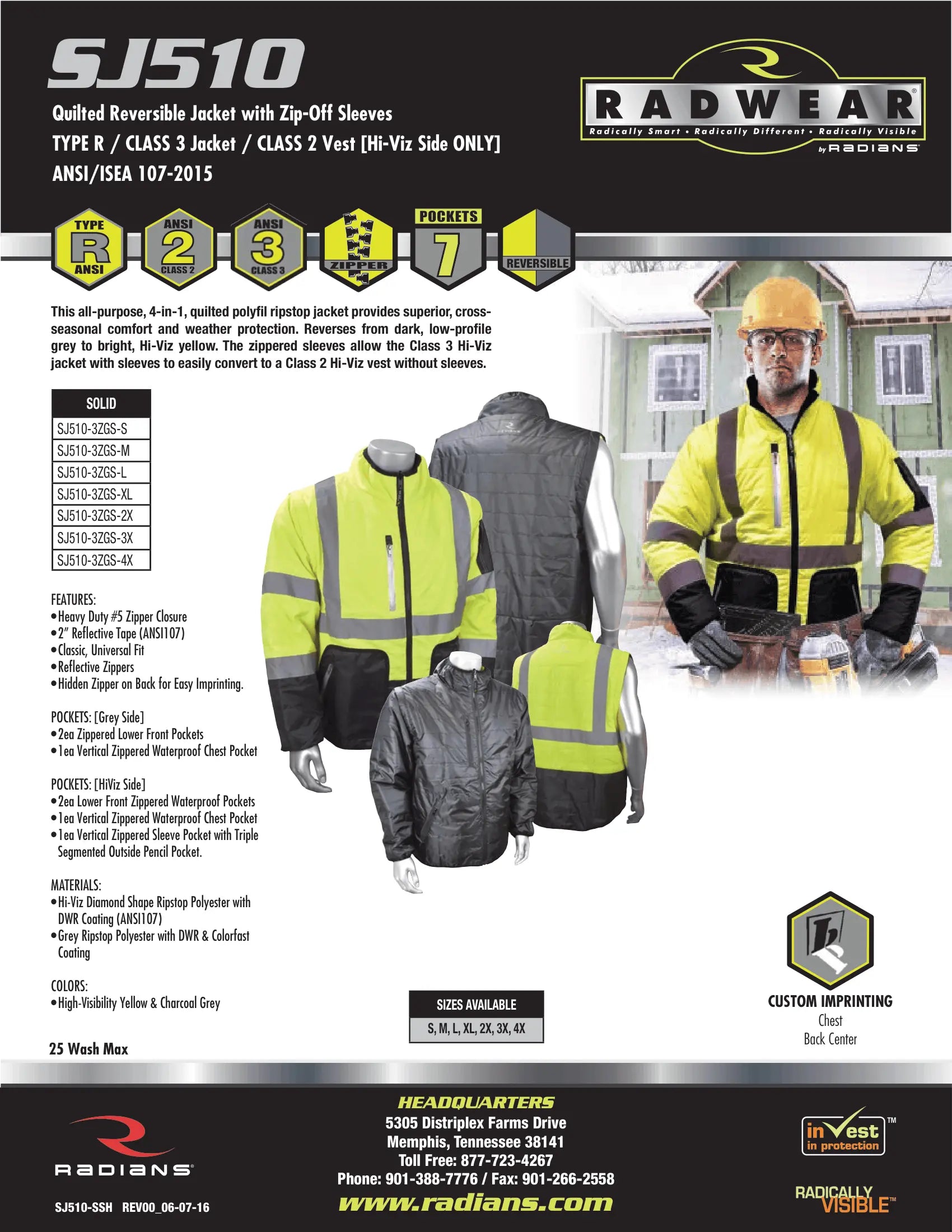 Radians SJ510 Quilted Reversible Jacket with Zip-Off Sleeves