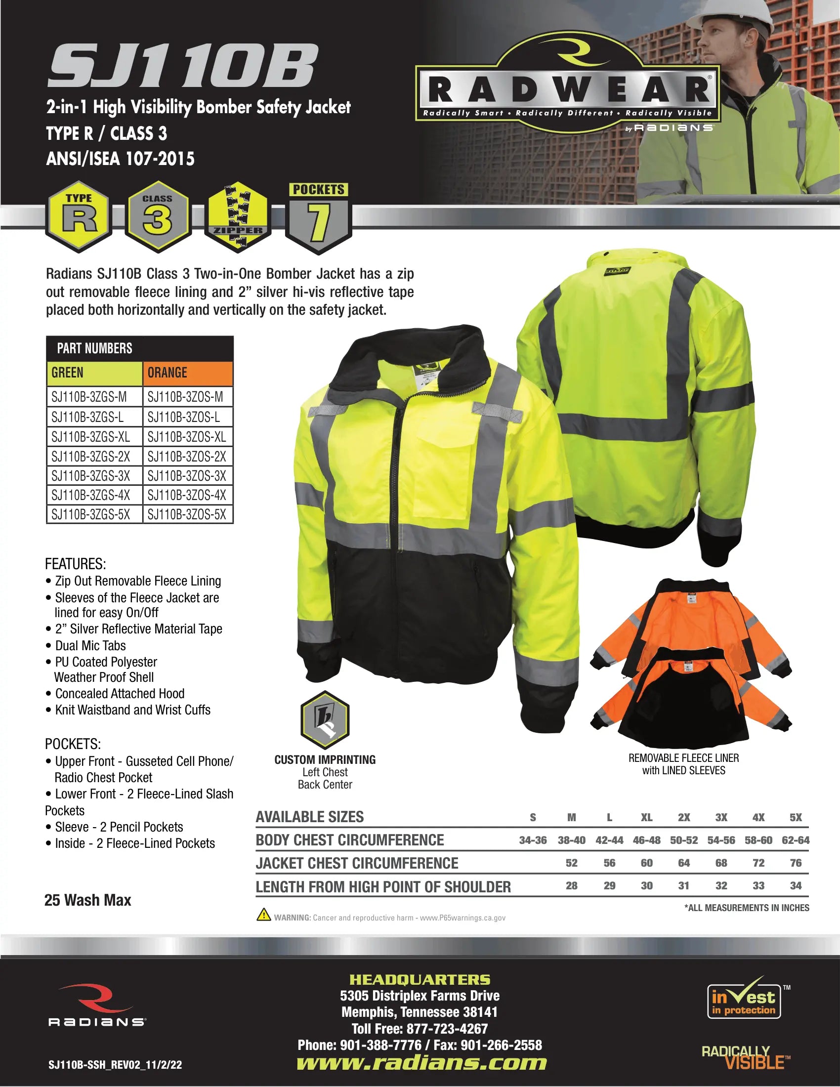 Radians SJ110B Class 3 Two-in-One High Visibility Bomber Safety Jacket