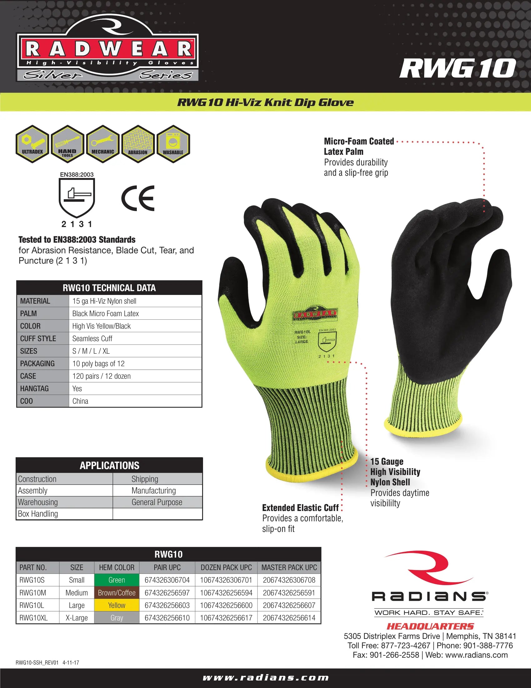 Radians RWG10 Radwear® Silver Series™ High Visibility Knit Dip Glove