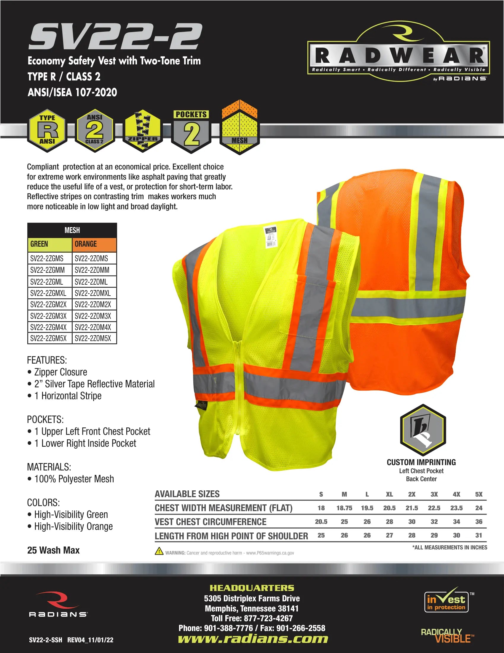 Radians SV22-2 Economy Type R Class 2 Safety Vest with Two-Tone Trim
