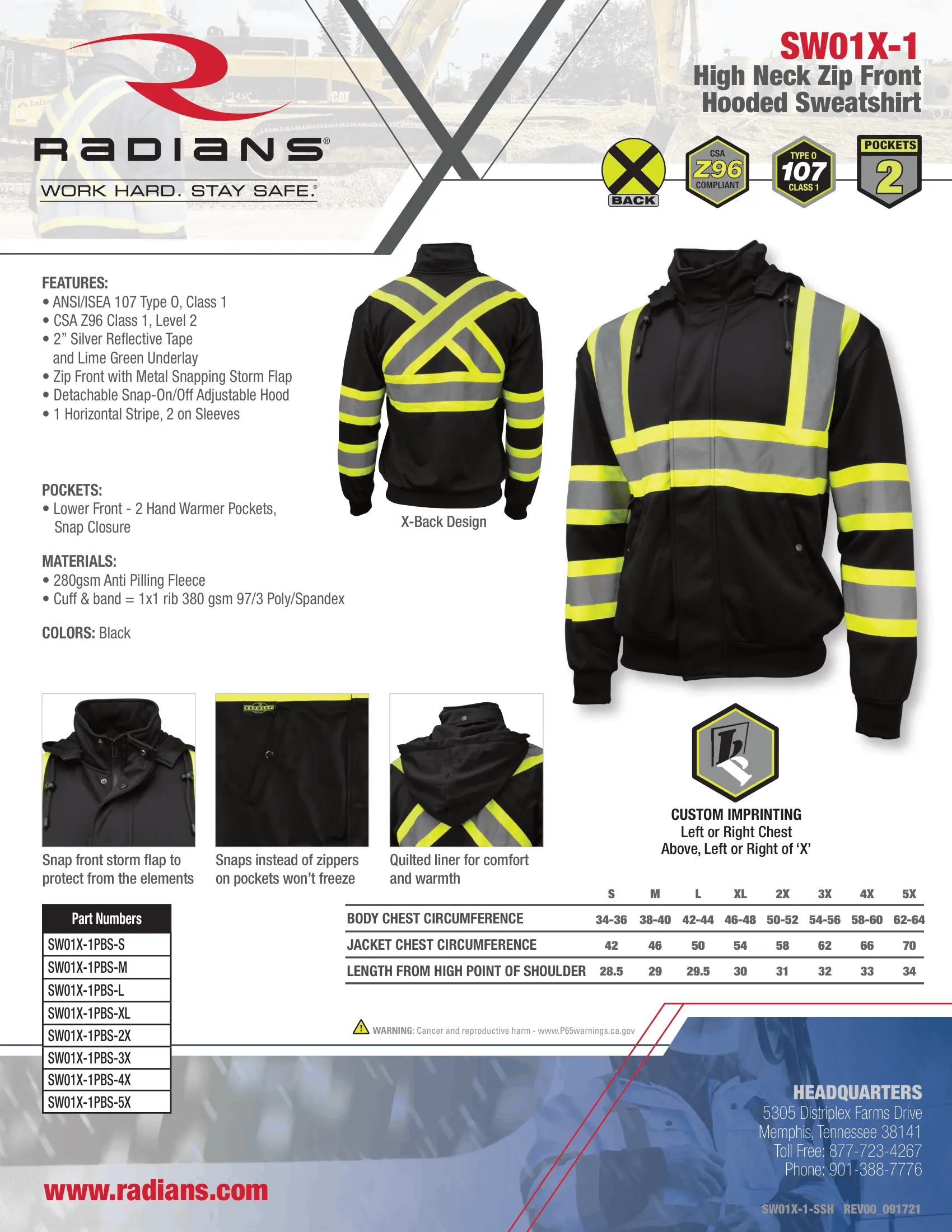 Radians SW01X-1 High Neck Zip Front X-Back Hooded Sweatshirt